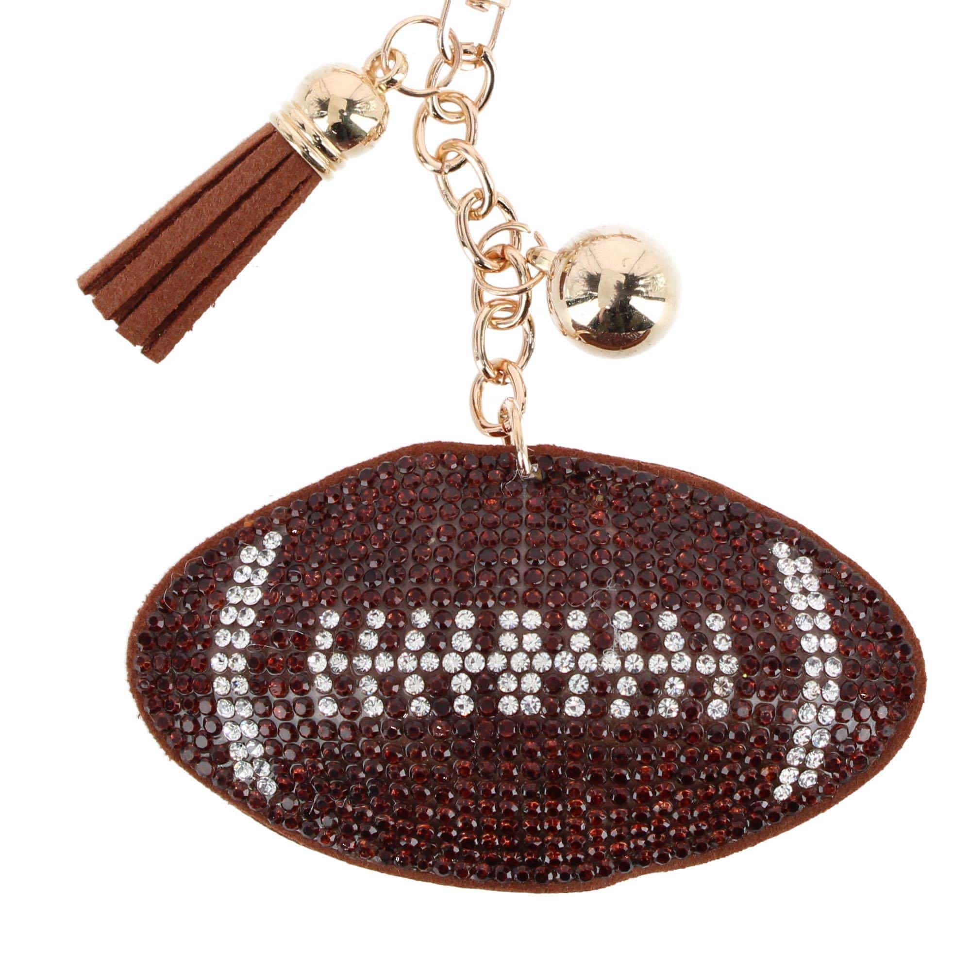 CTM® Women's Rhinestone Football with Tassel Bag Charm & Key Chain - Brown