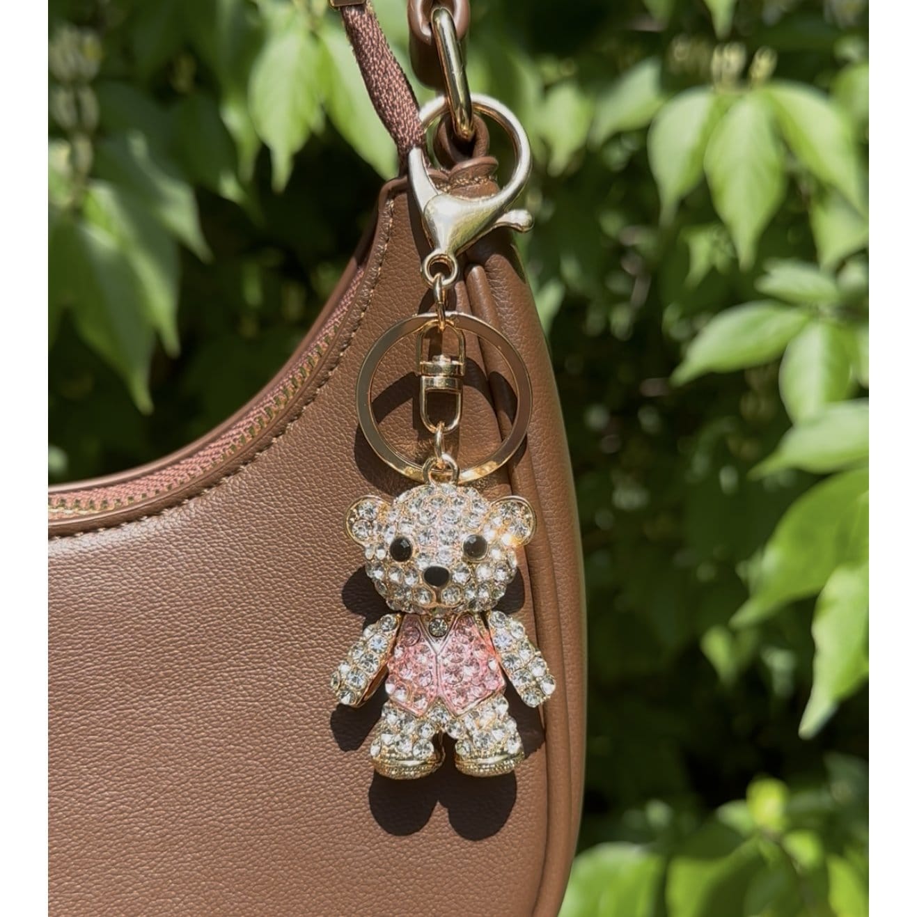 CTM® Women's Adorable Rhinestone Teddy Bear Bag Charm & Keychain - Gold