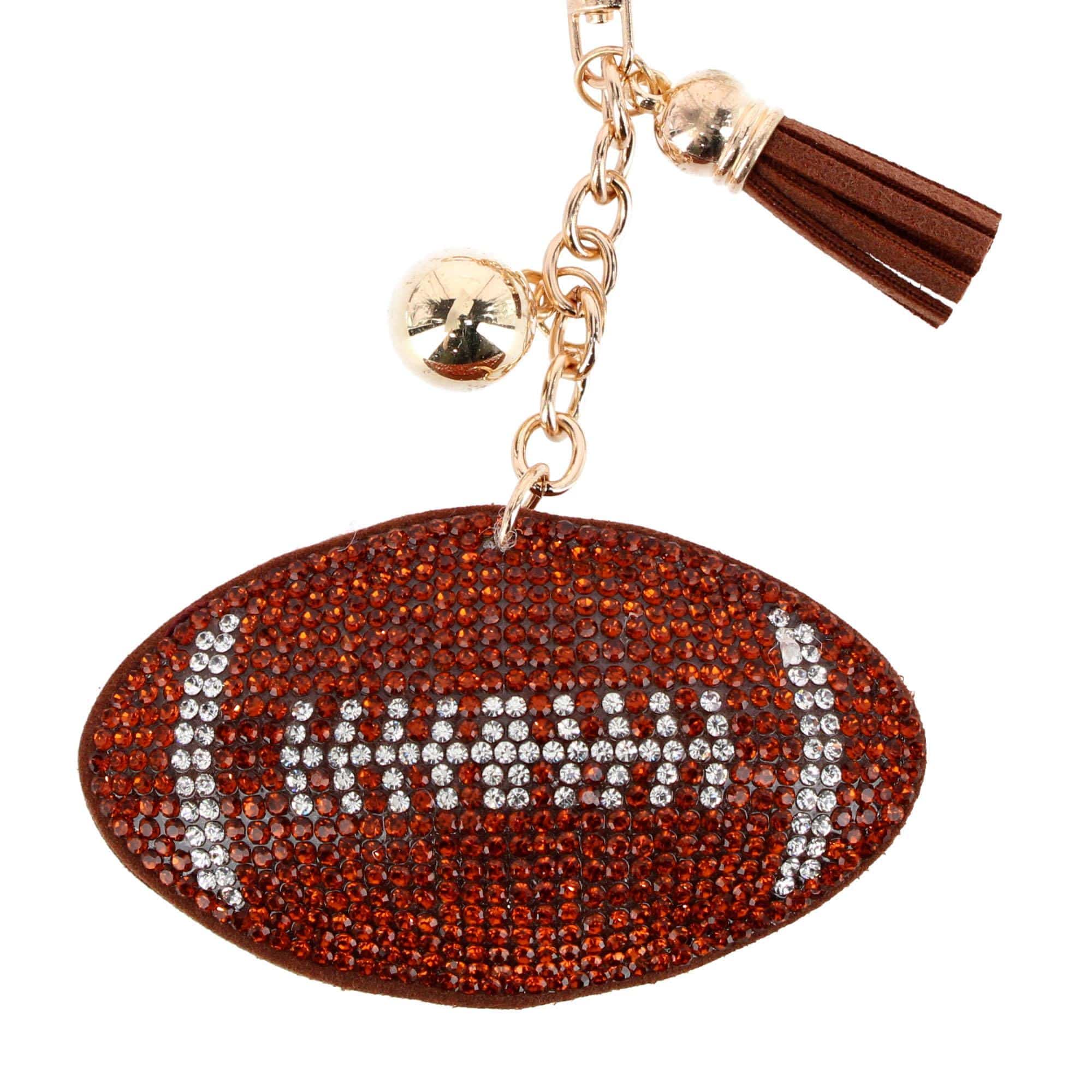 CTM® Women's Rhinestone Football & Tassel Bag Charm & Key Chain - Brown