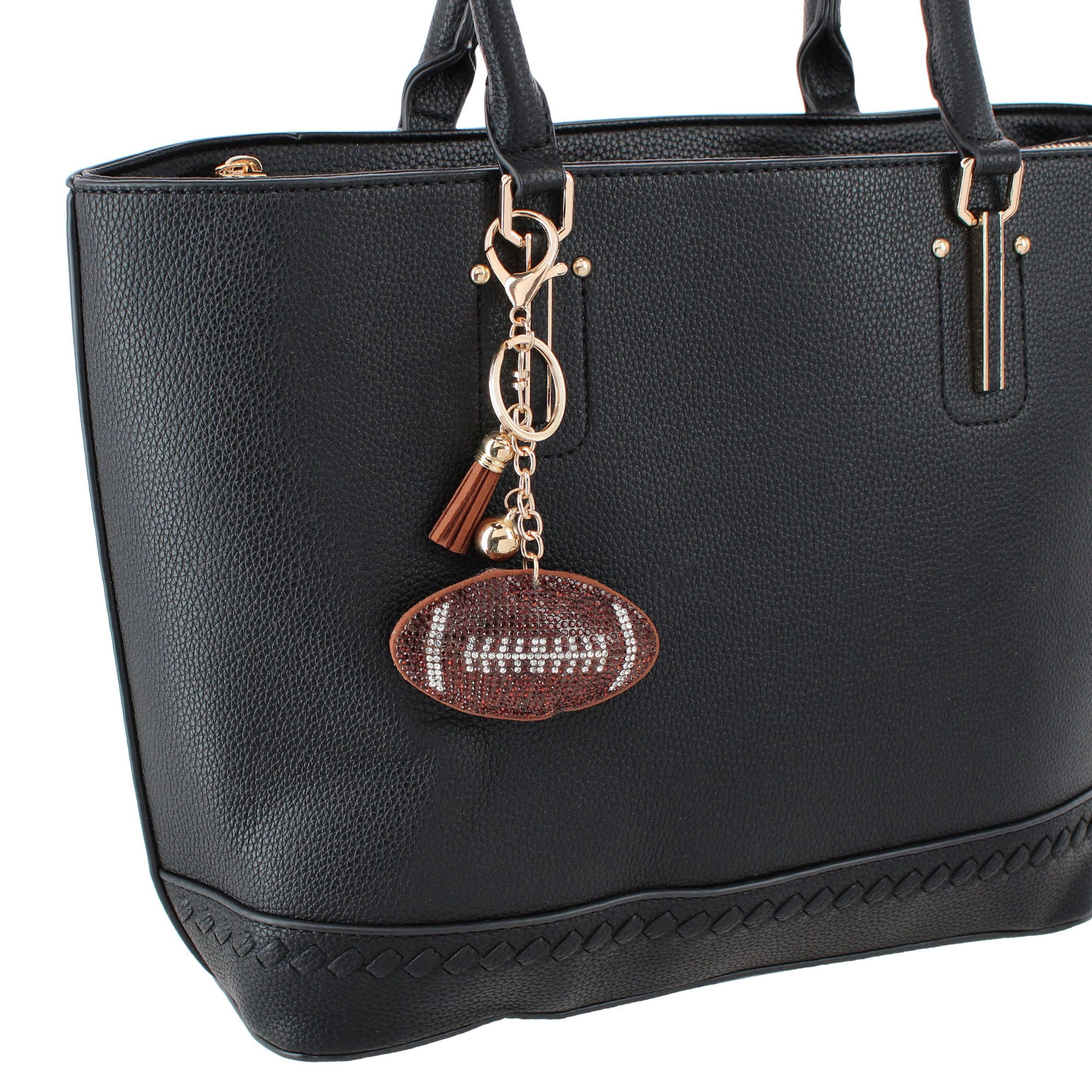 CTM® Women's Rhinestone Football & Tassel Bag Charm & Key Chain - Brown