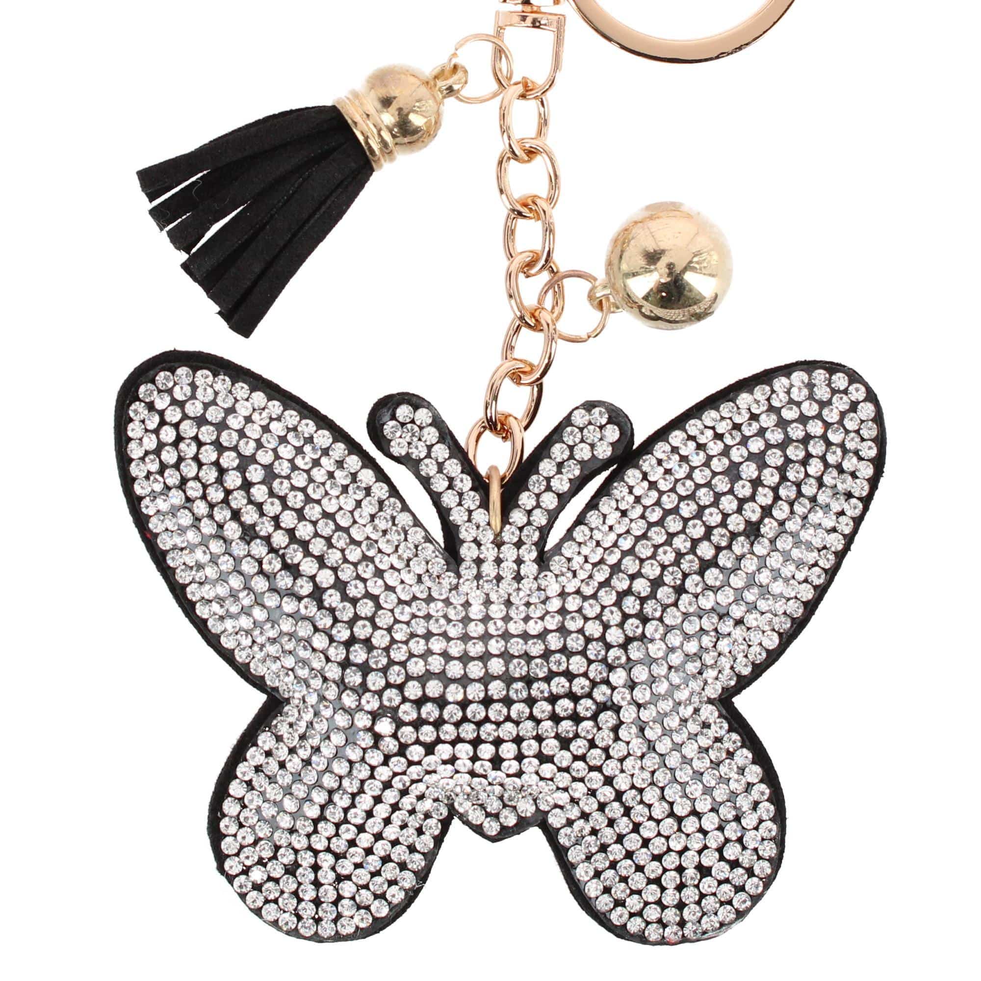 CTM® Women's Glittery Rhinestone Butterfly Bag Charm & Key Chain - Black