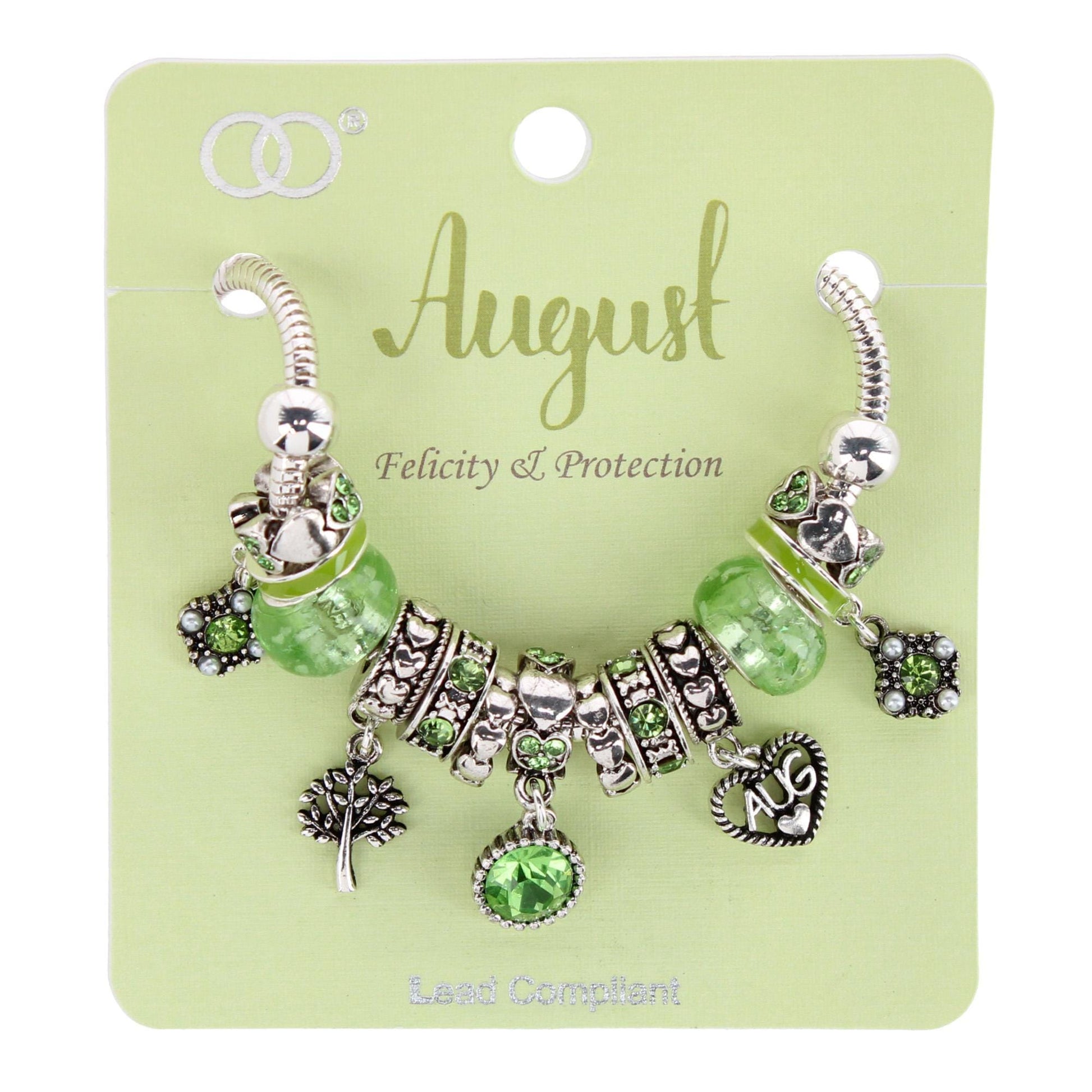 CTM® Women's Meaningful Birthstone Charm Clasp Bracelet - August - Peridot