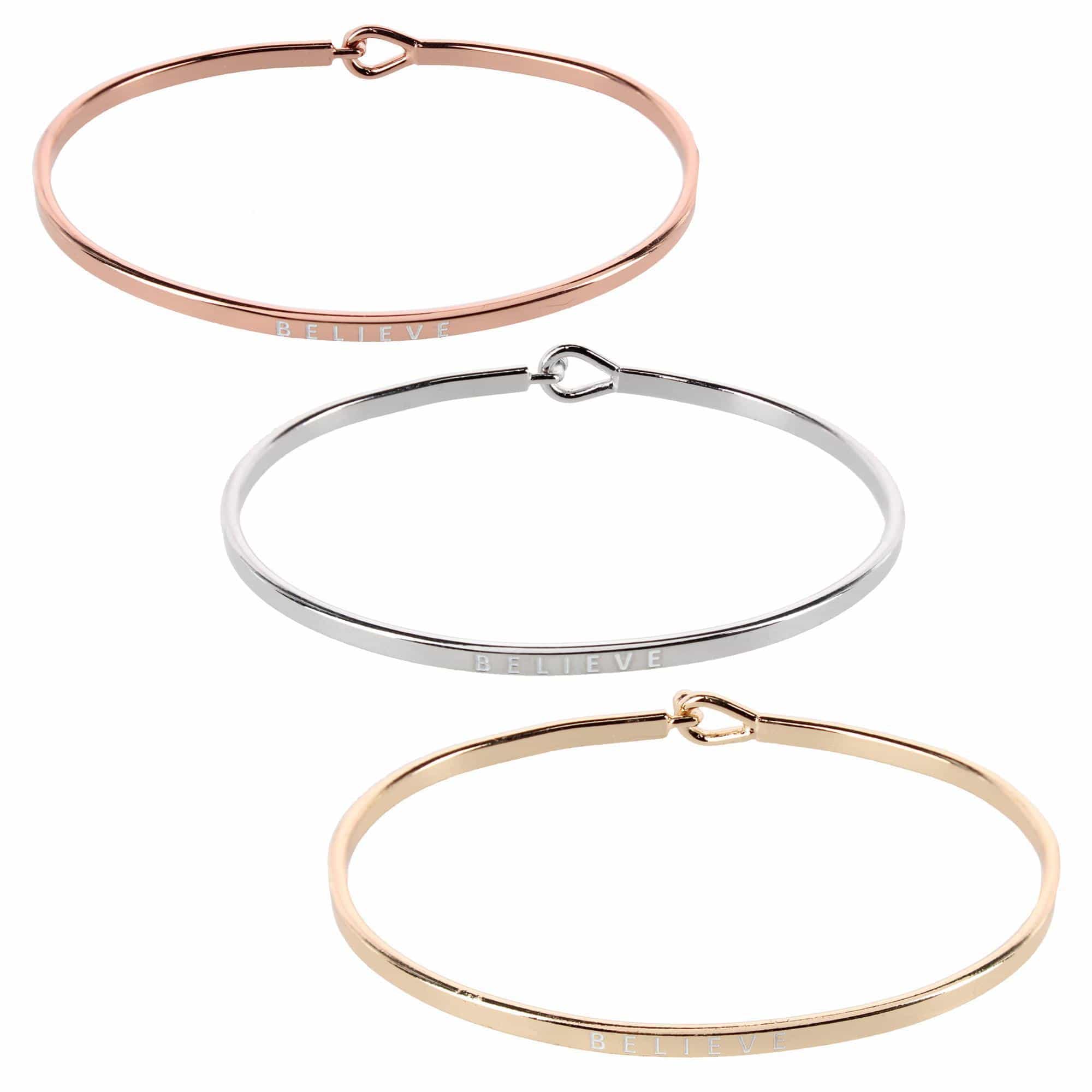CTM® Women's Inspirational Bangle Bracelet Trio in Gold Silver and Rose Gold Finish