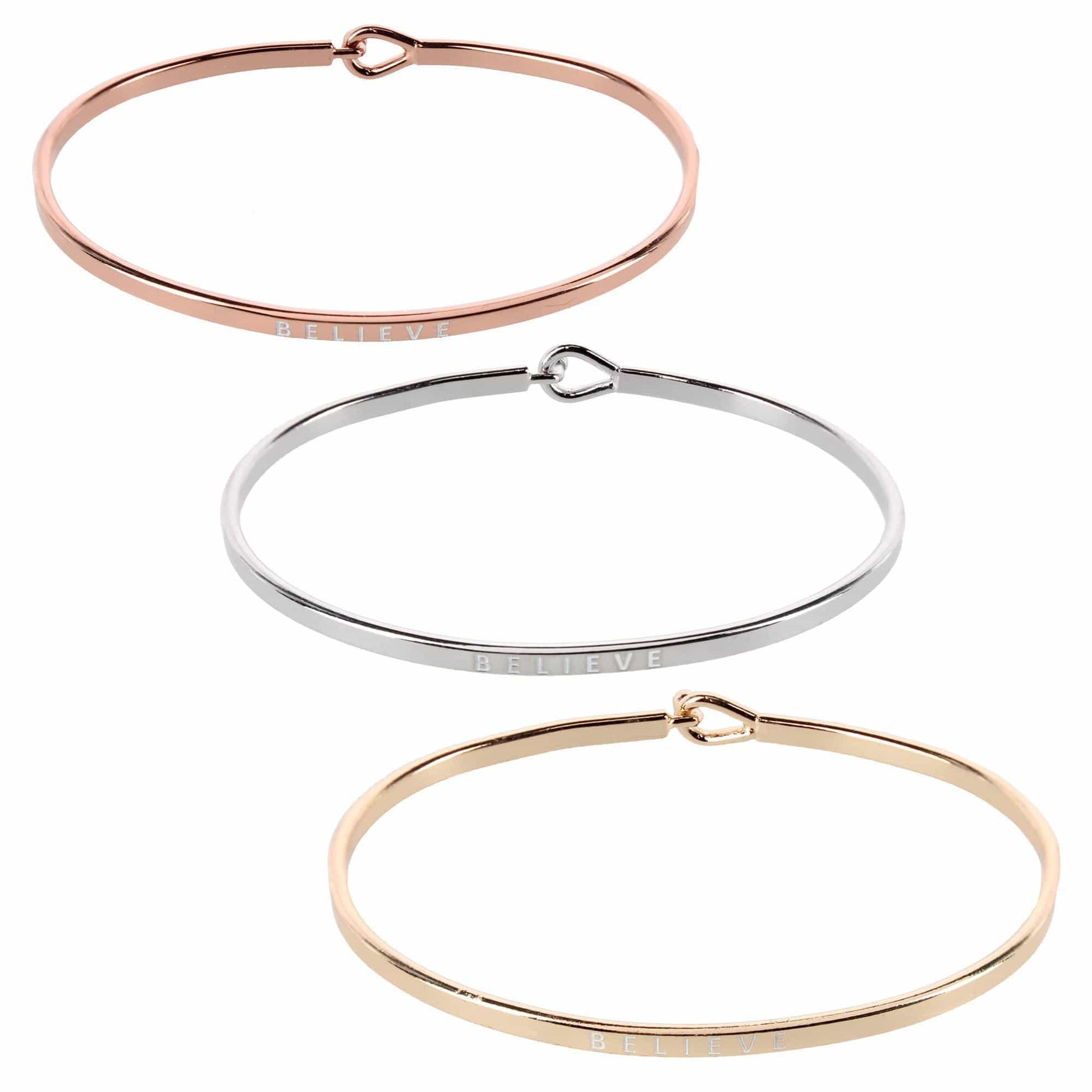 CTM® Women's Inspirational Bangle Bracelet Trio in Gold Silver and Rose Gold Finish - Believe