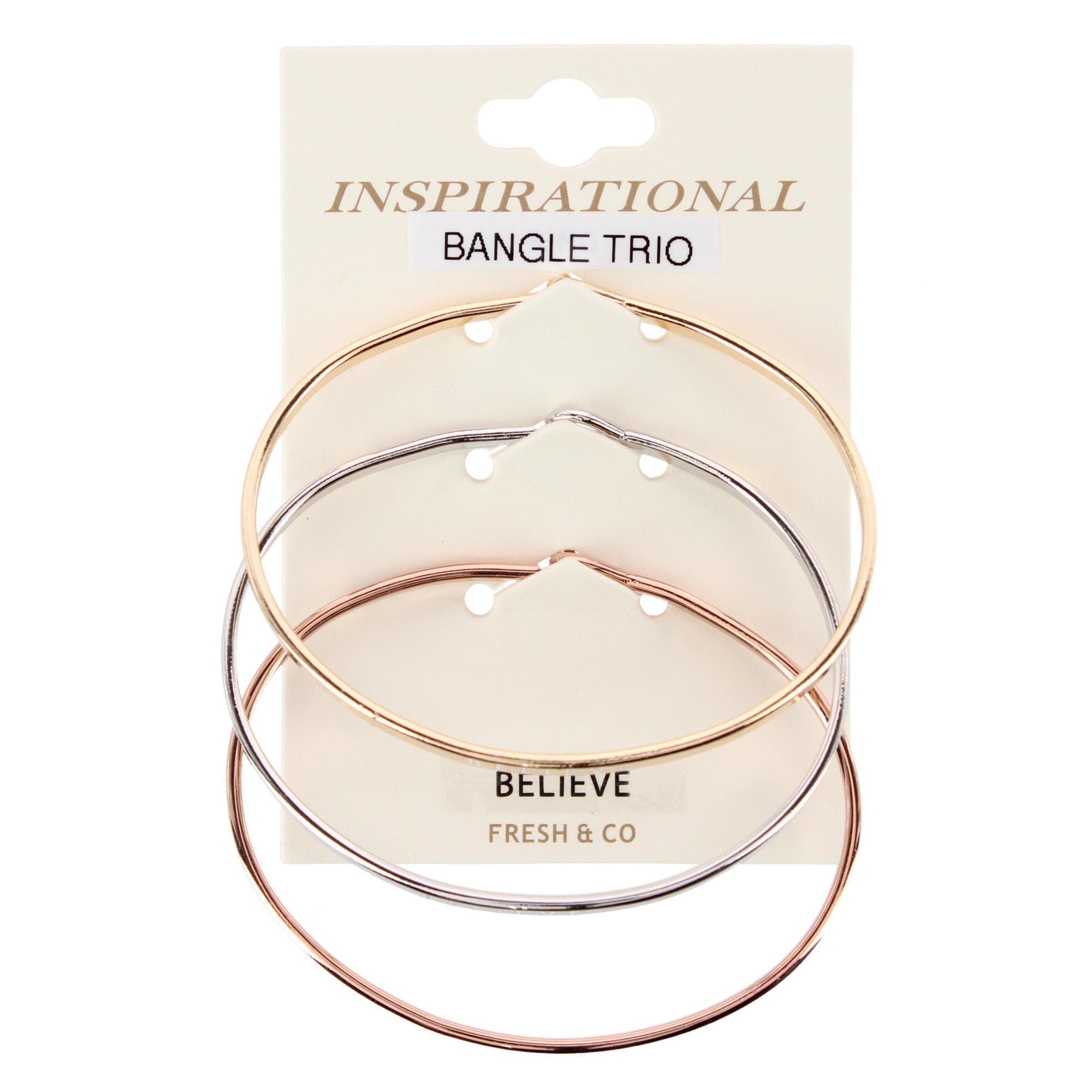 CTM® Women's Inspirational Bangle Bracelet Trio in Gold Silver and Rose Gold Finish - Believe