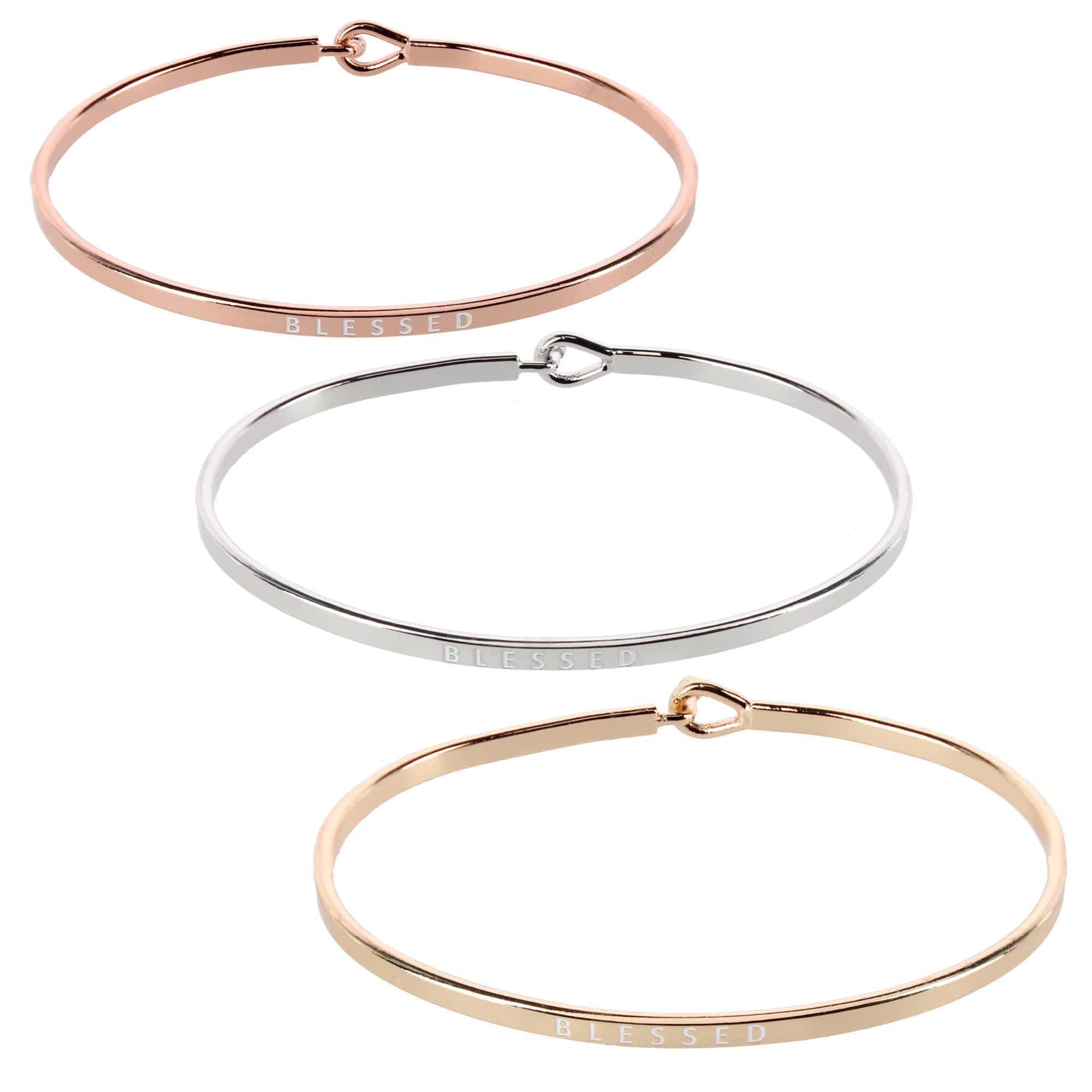 CTM® Women's Inspirational Bangle Bracelet Trio in Gold Silver and Rose Gold Finish