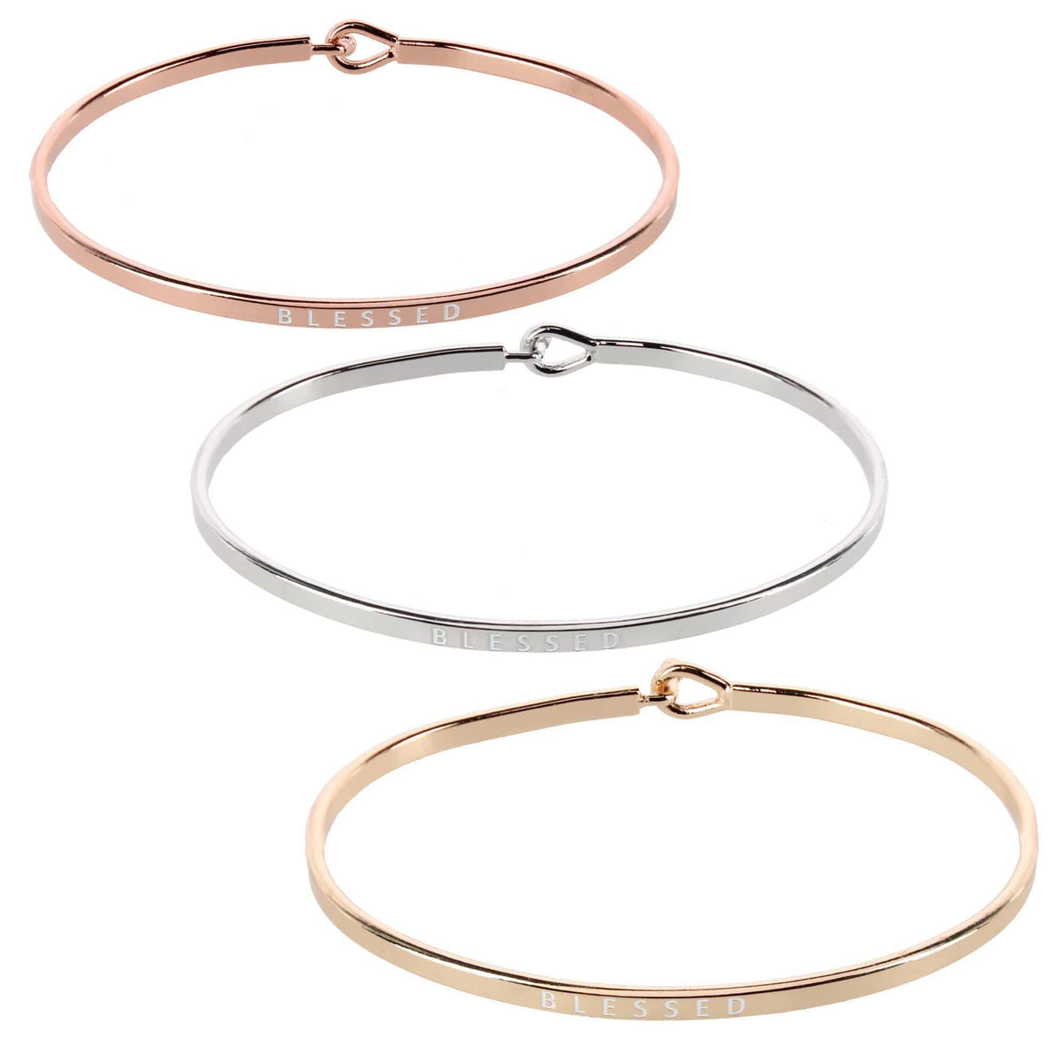 CTM® Women's Inspirational Bangle Bracelet Trio in Gold Silver and Rose Gold Finish - Blessed