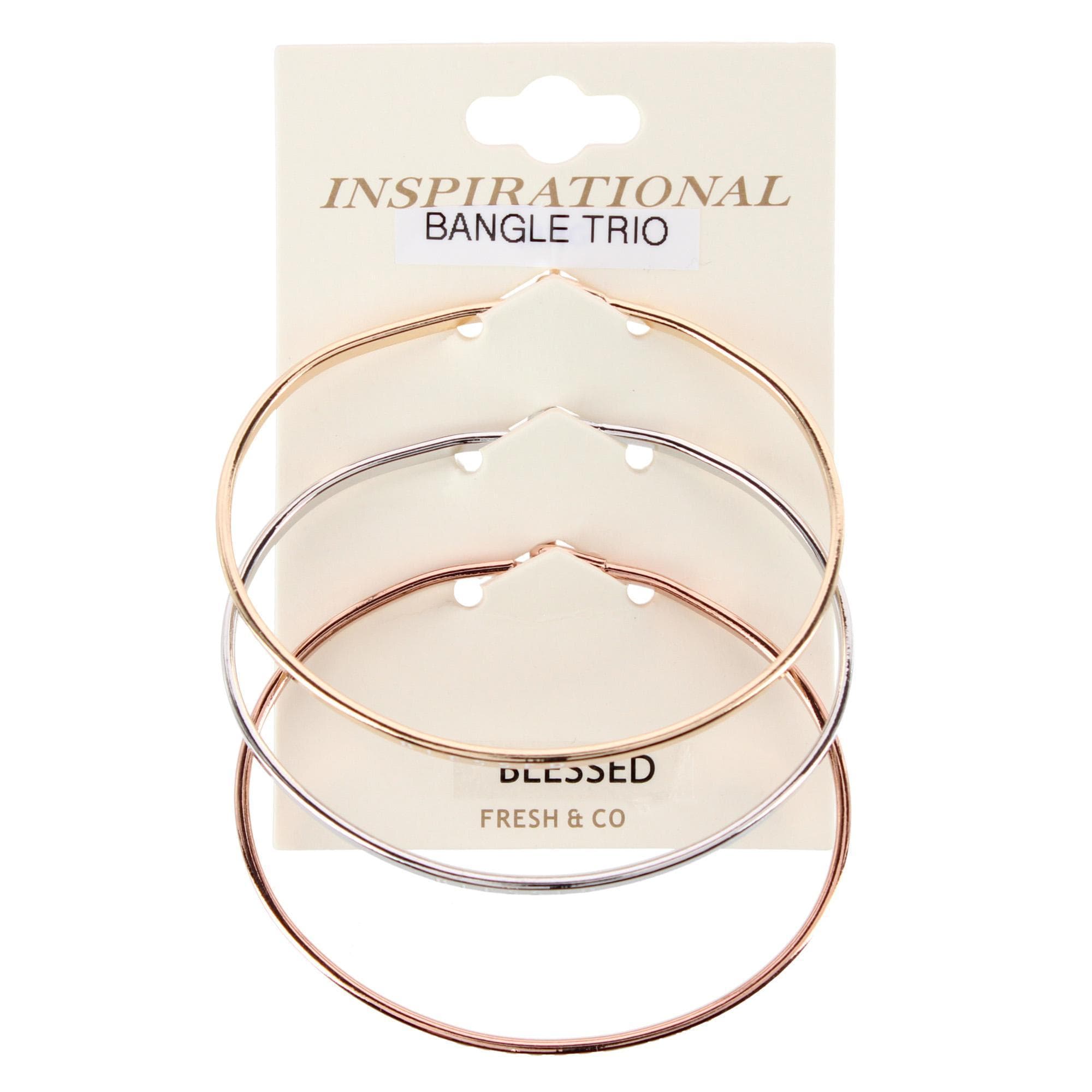 CTM® Women's Inspirational Bangle Bracelet Trio in Gold Silver and Rose Gold Finish - Blessed