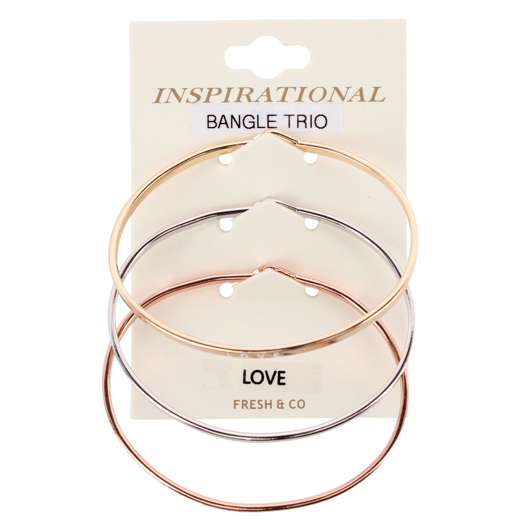 CTM® Women's Inspirational Bangle Bracelet Trio in Gold Silver and Rose Gold Finish - Love