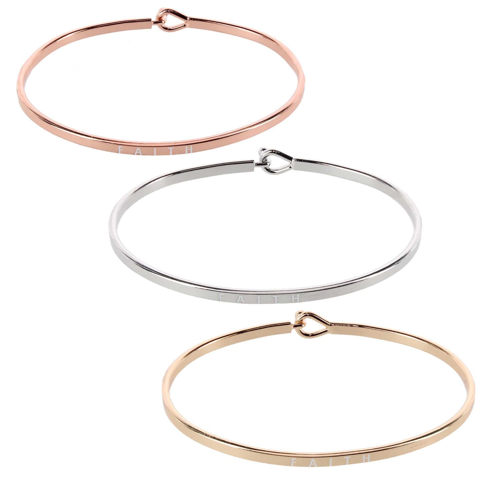 CTM® Women's Inspirational Bangle Bracelet Trio in Gold Silver and Rose Gold Finish