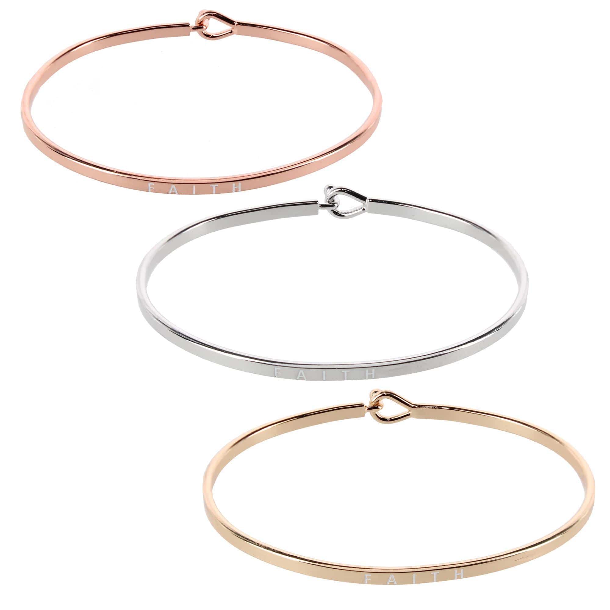 CTM® Women's Inspirational Bangle Bracelet Trio in Gold Silver and Rose Gold Finish