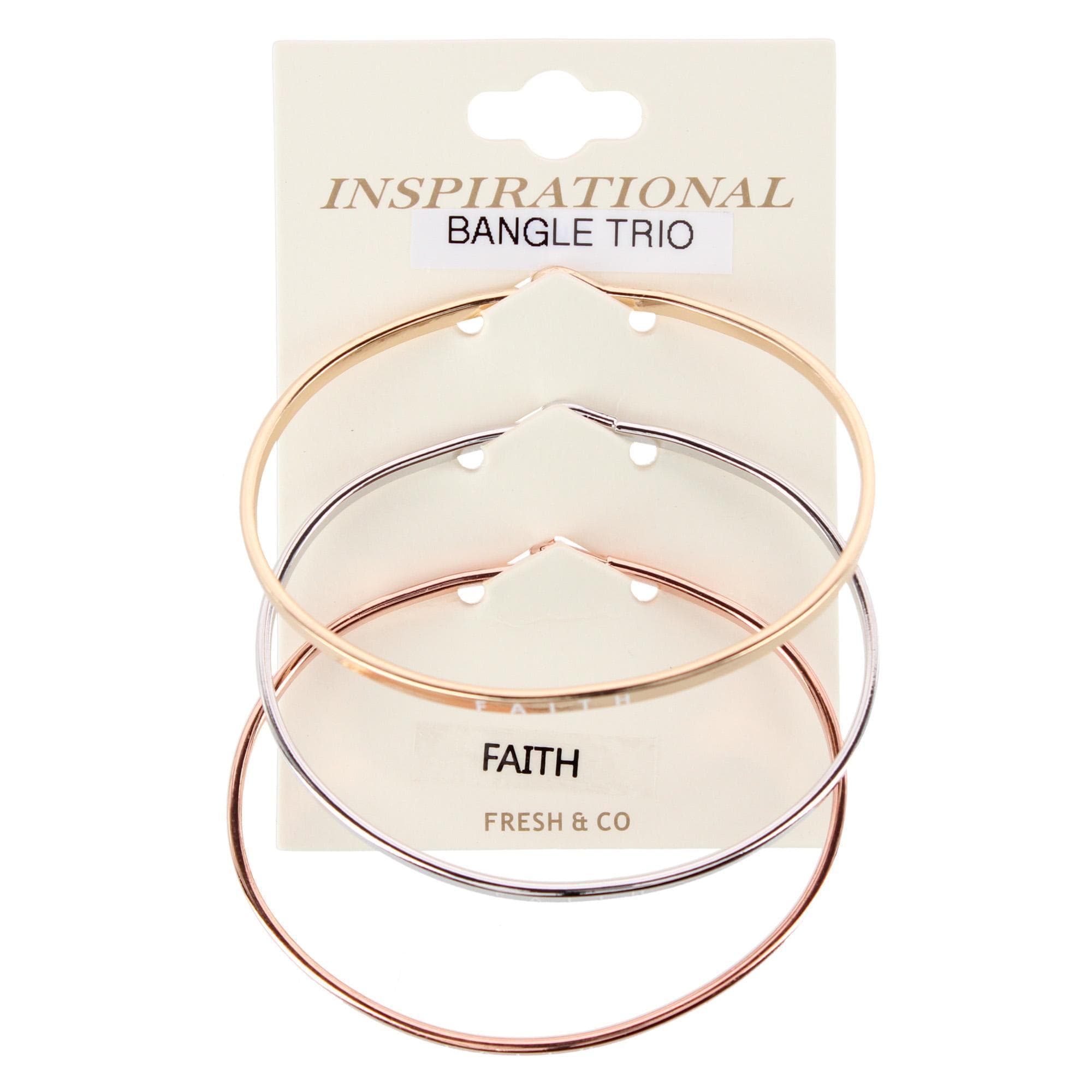CTM® Women's Inspirational Bangle Bracelet Trio in Gold Silver and Rose Gold Finish - Faith