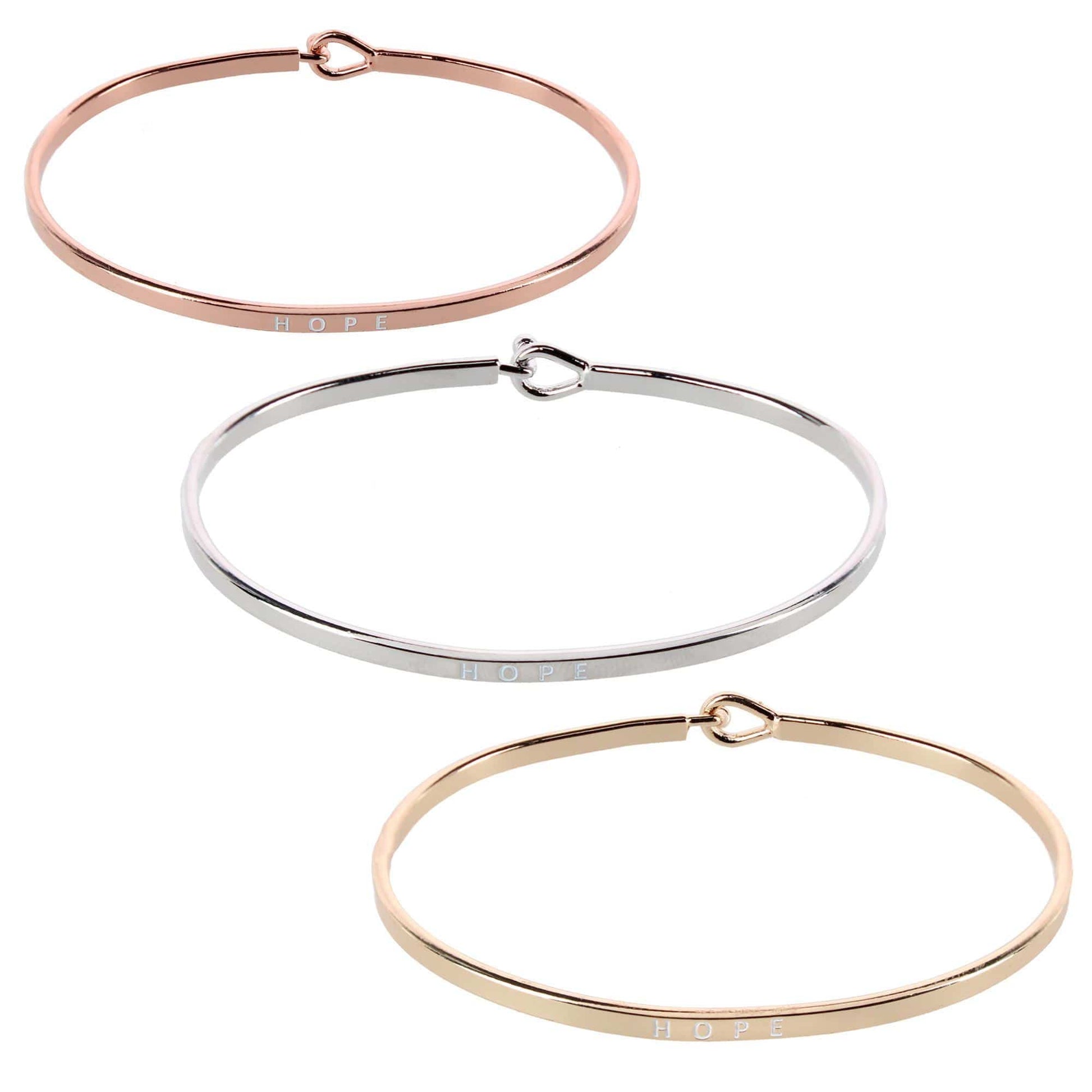 CTM® Women's Inspirational Bangle Bracelet Trio in Gold Silver and Rose Gold Finish