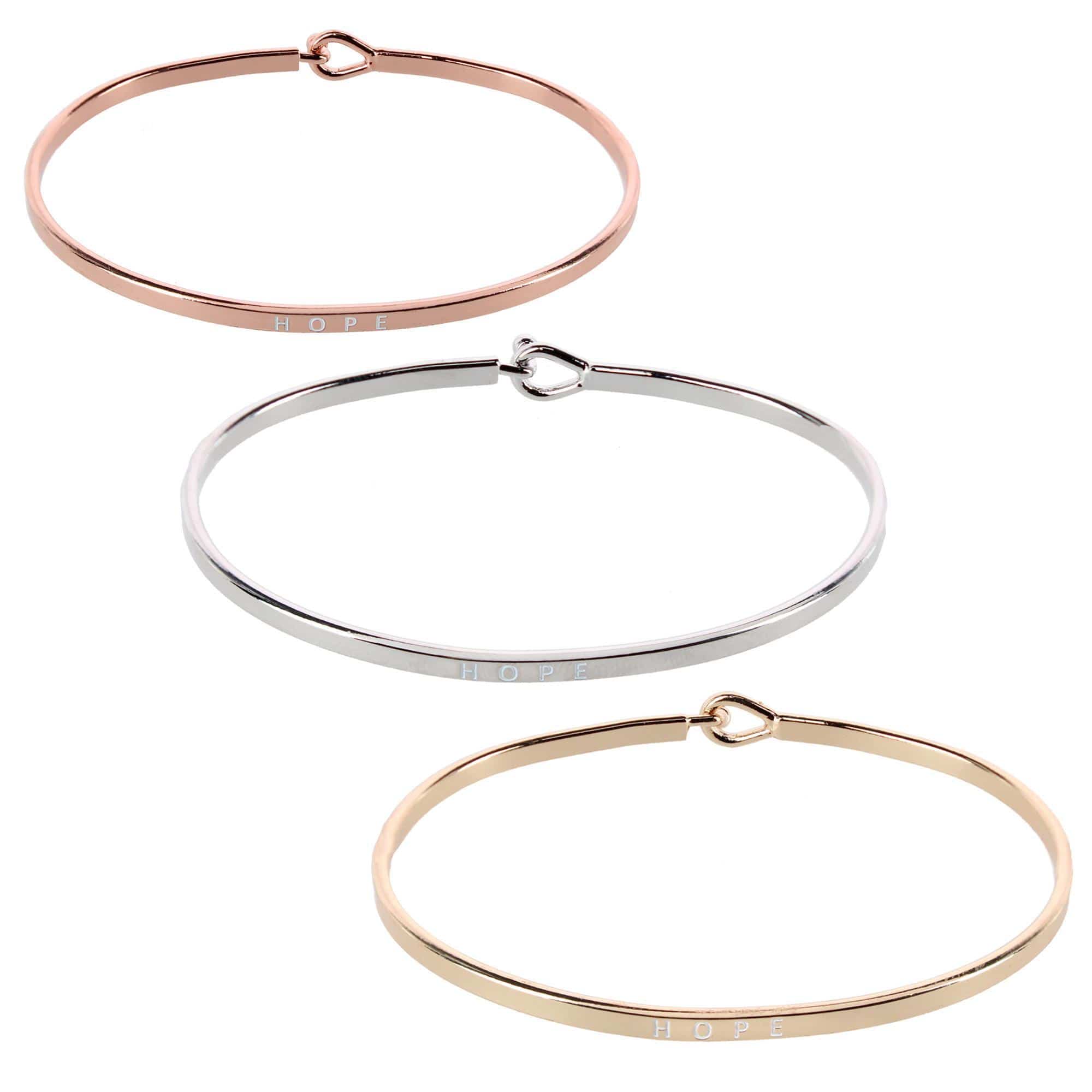 CTM® Women's Inspirational Bangle Bracelet Trio in Gold Silver and Rose Gold Finish - Hope