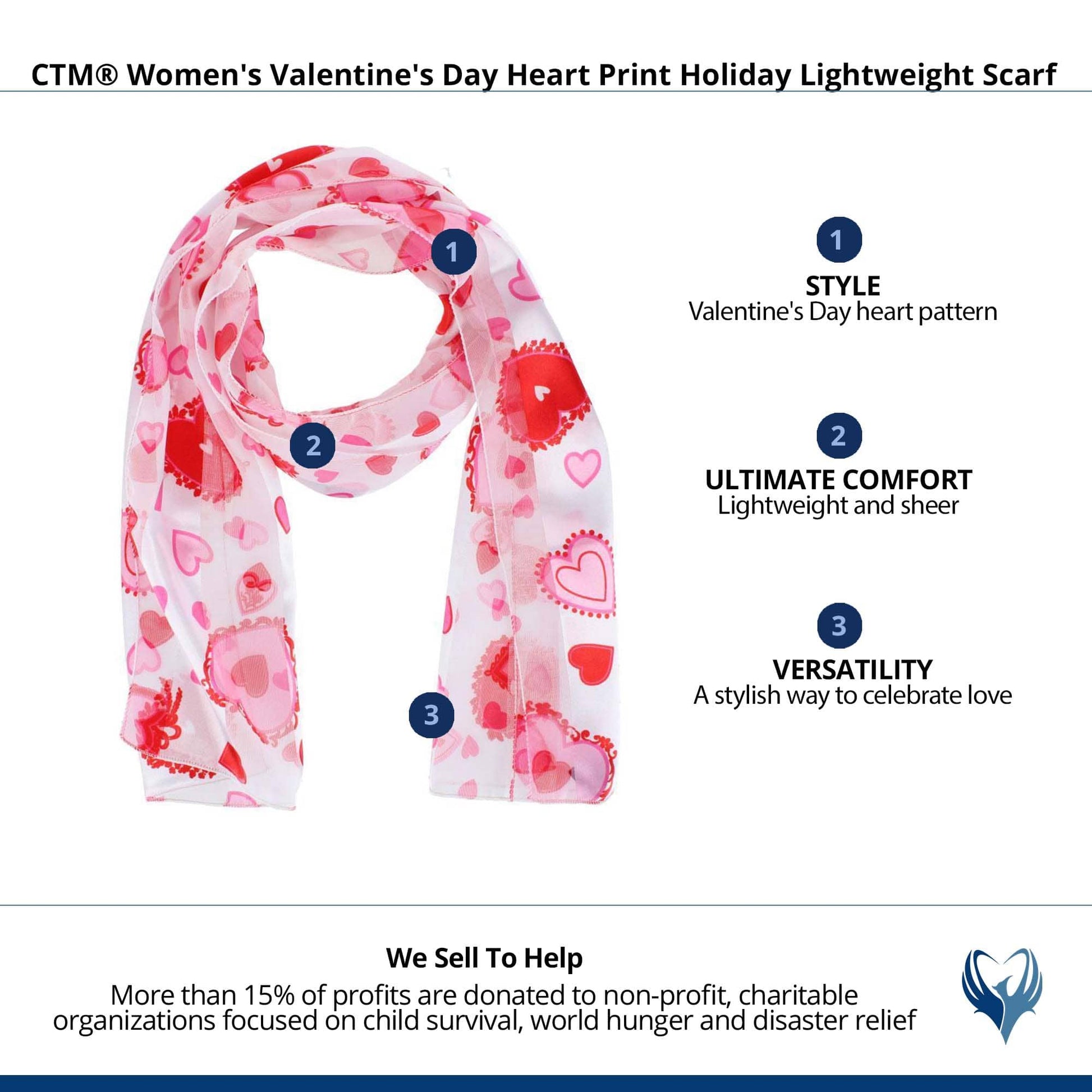 CTM® Women's Valentine's Day Heart Print Holiday Lightweight Scarf - White