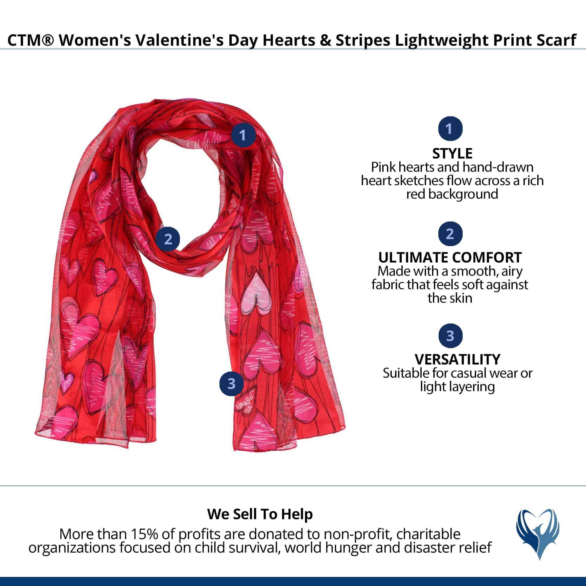 CTM® Women's Valentine's Day Hearts & Stripes Lightweight Print Scarf - Red
