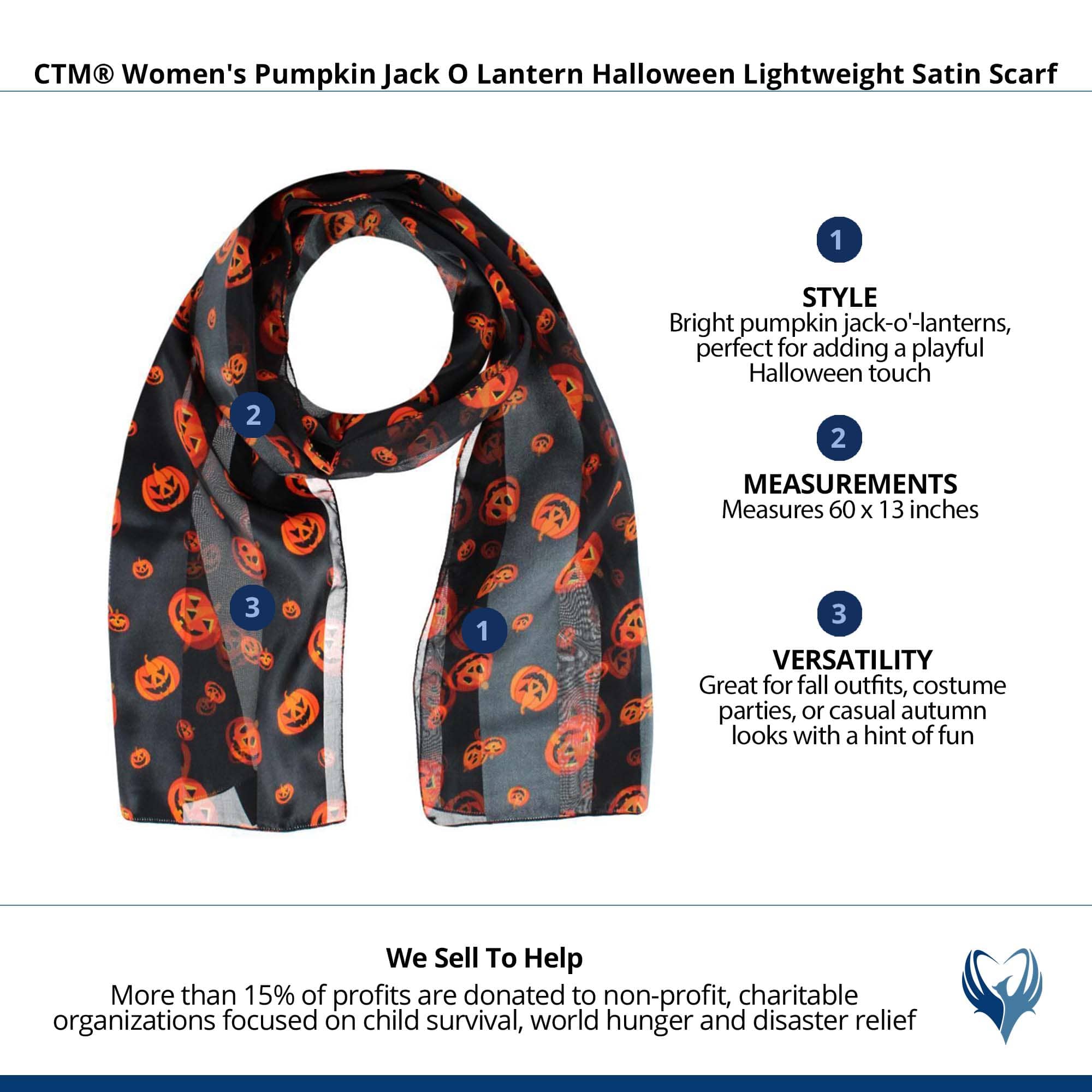 CTM® Women's Pumpkin Jack O Lantern Halloween Lightweight Satin Scarf - Black