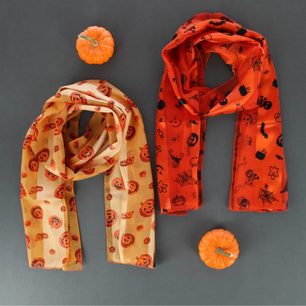 CTM® Women's Pumpkin Jack O Lantern Halloween Lightweight Satin Scarf - Gold