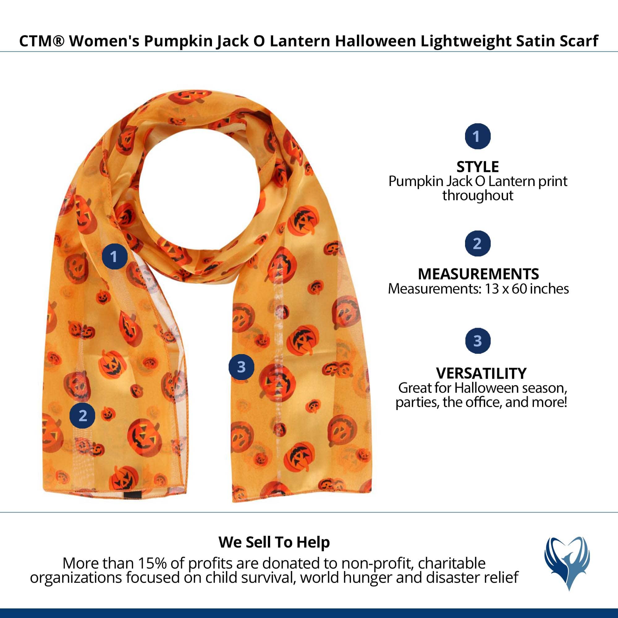CTM® Women's Pumpkin Jack O Lantern Halloween Lightweight Satin Scarf - Gold