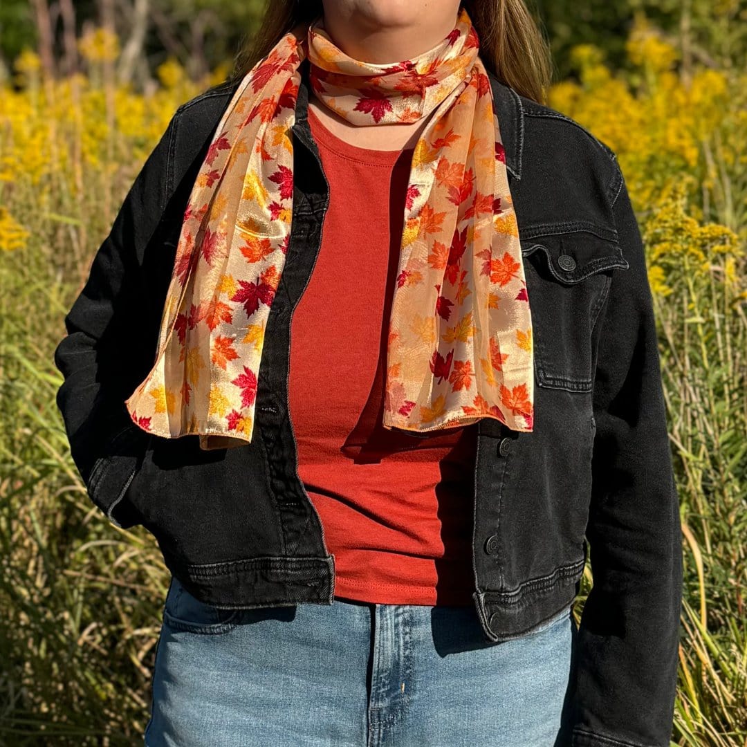 CTM® Women's Autumn Fall Leaf Lightweight Satin Scarf - Beige
