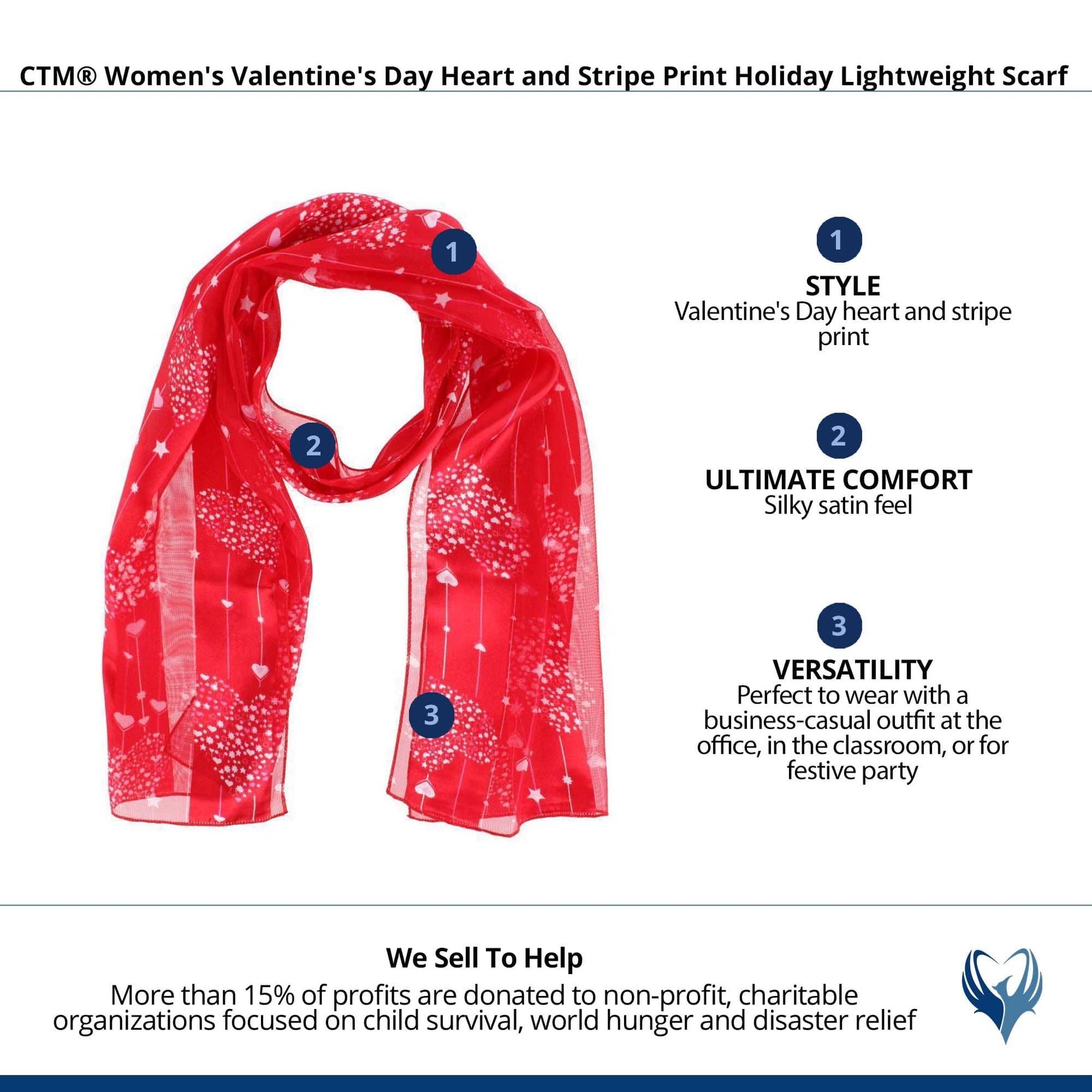 CTM® Women's Valentine's Day Heart & Stripe Print Holiday Lightweight Scarf - Red