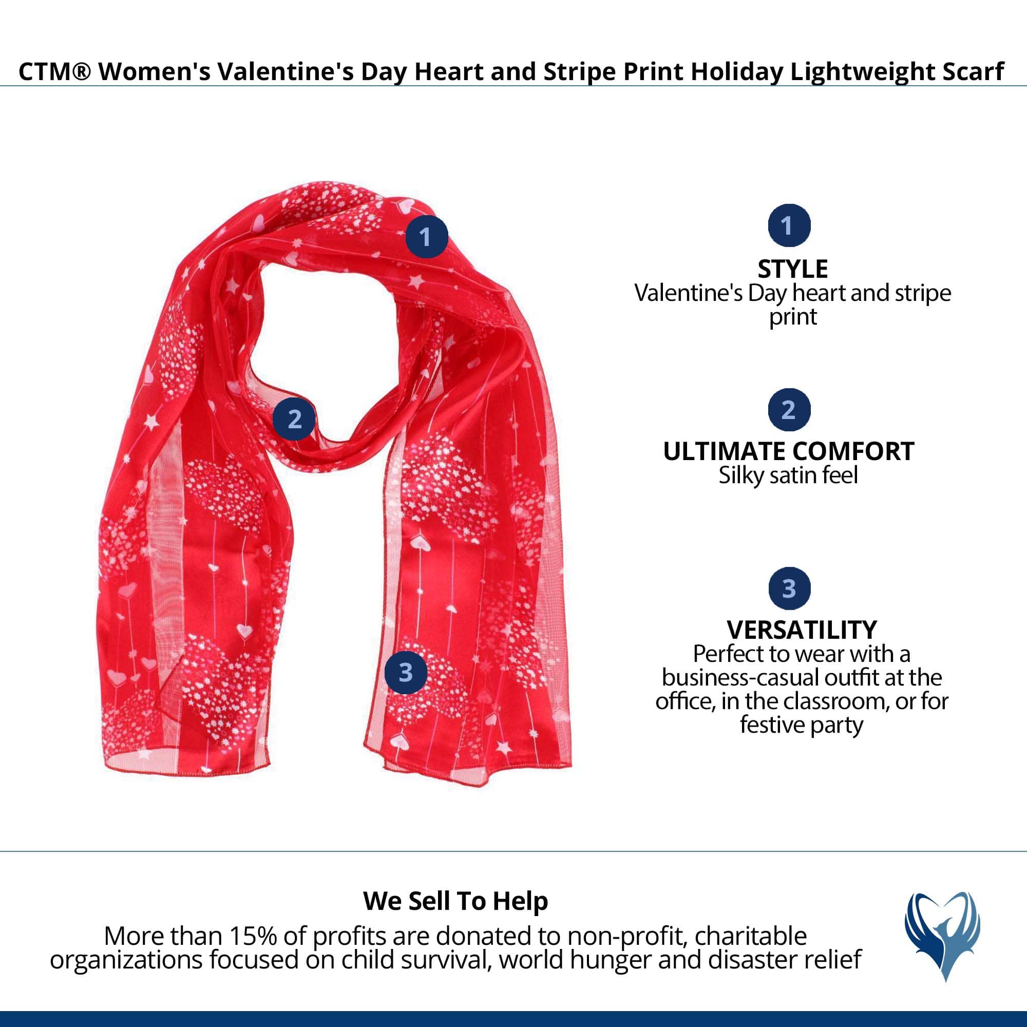 CTM® Women's Valentine's Day Heart & Stripe Print Holiday Lightweight Scarf - Red