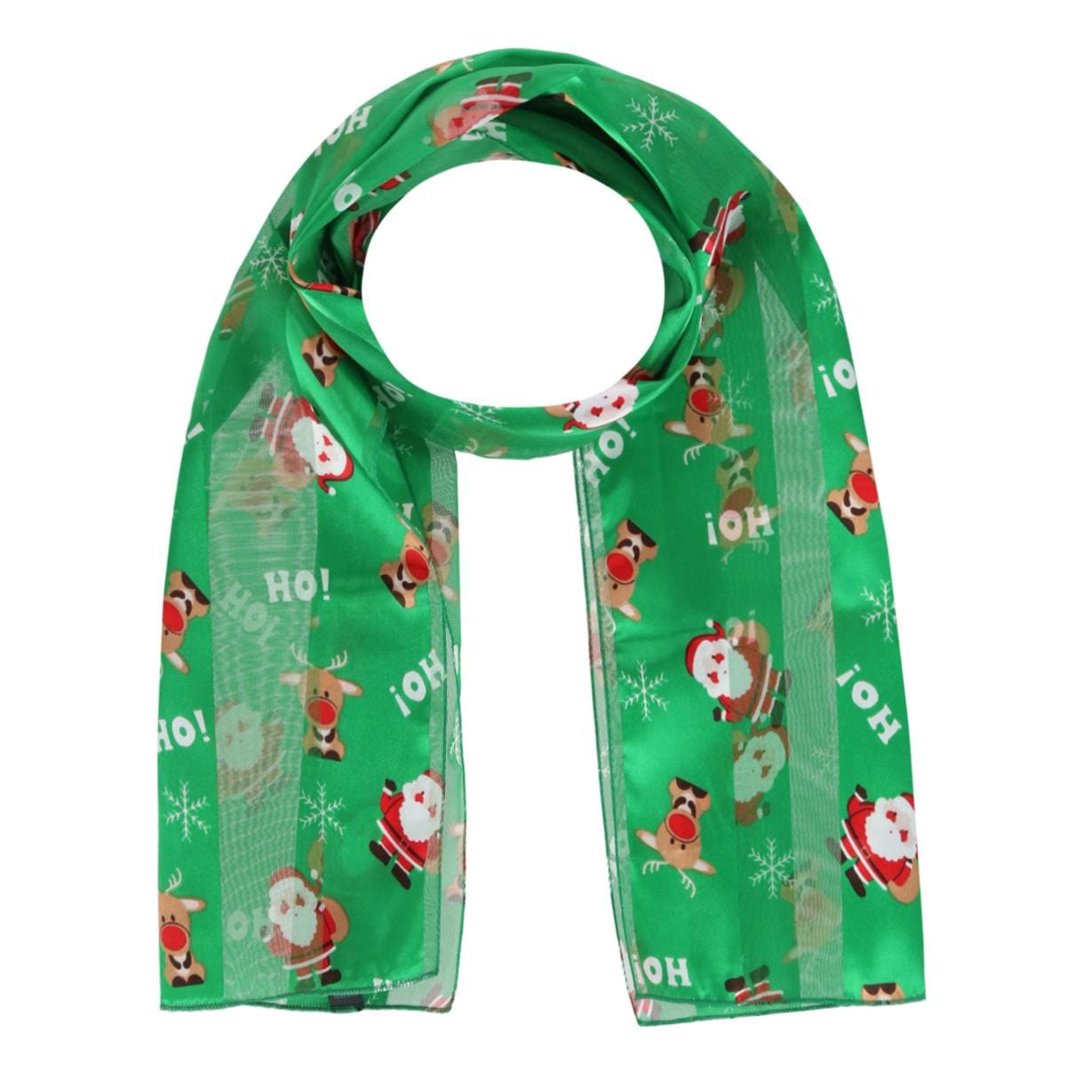 CTM® Women's Holiday Santa and Reindeer Lightweight Satin Scarf - Green