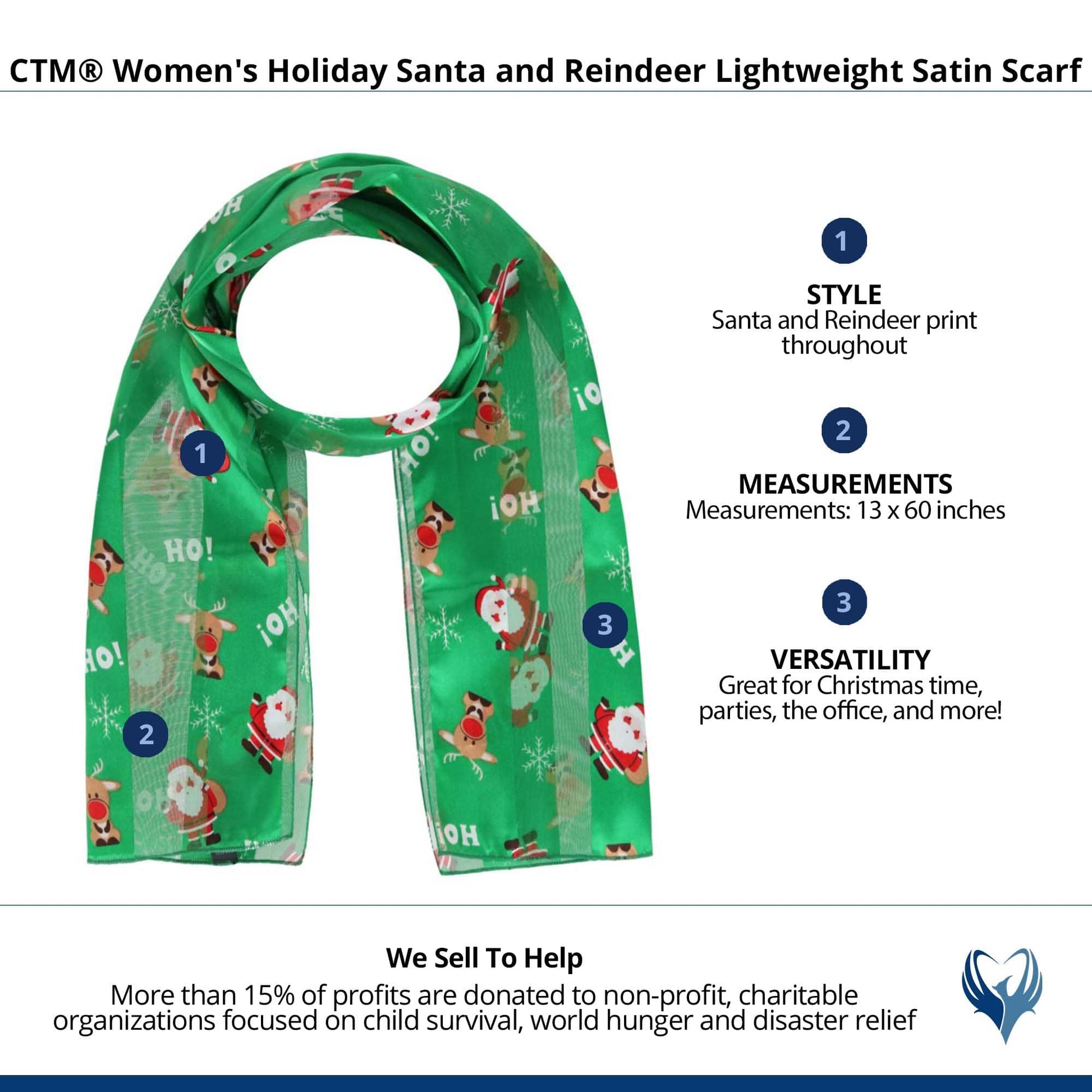 CTM® Women's Holiday Santa and Reindeer Lightweight Satin Scarf - Green