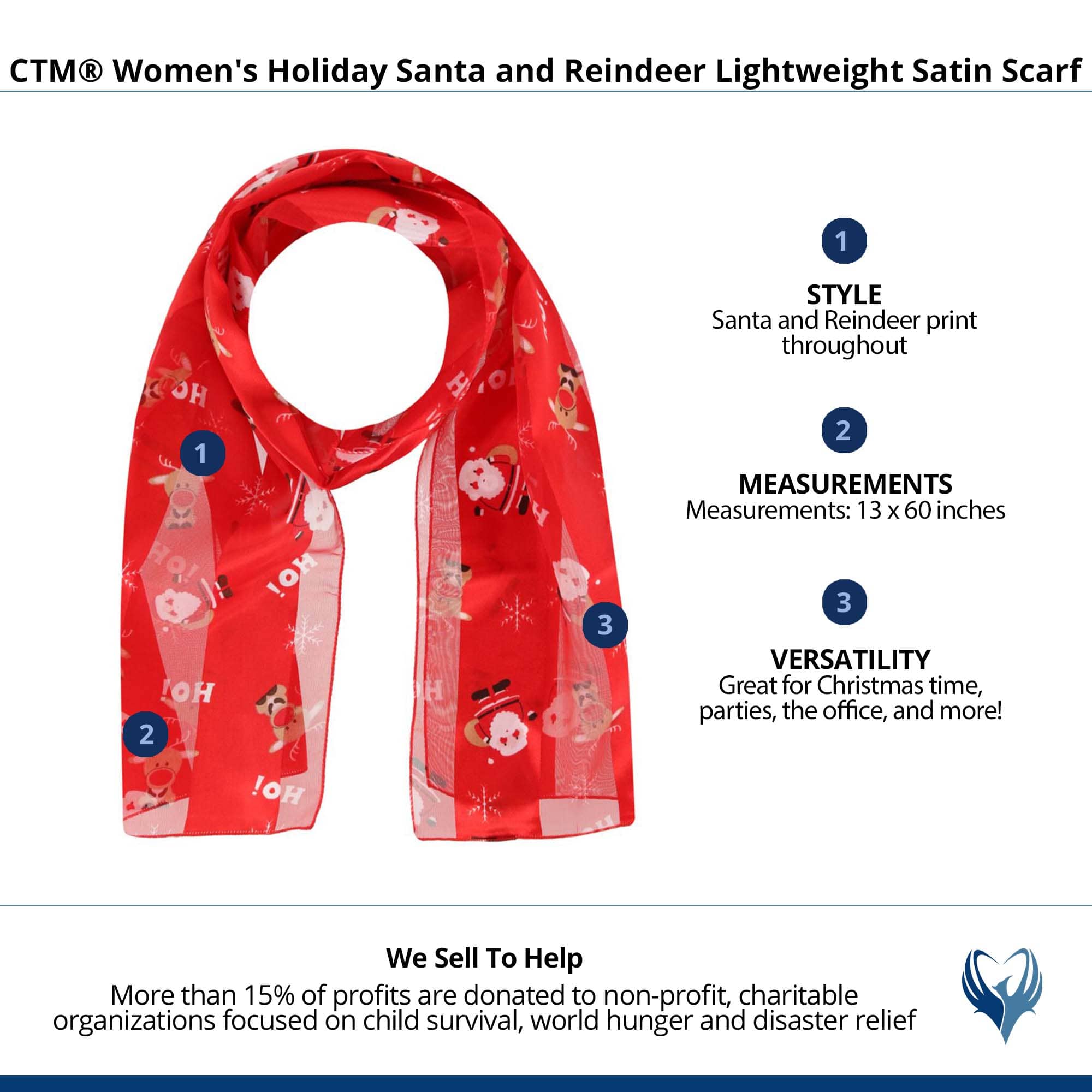 CTM® Women's Holiday Santa and Reindeer Lightweight Satin Scarf - Red