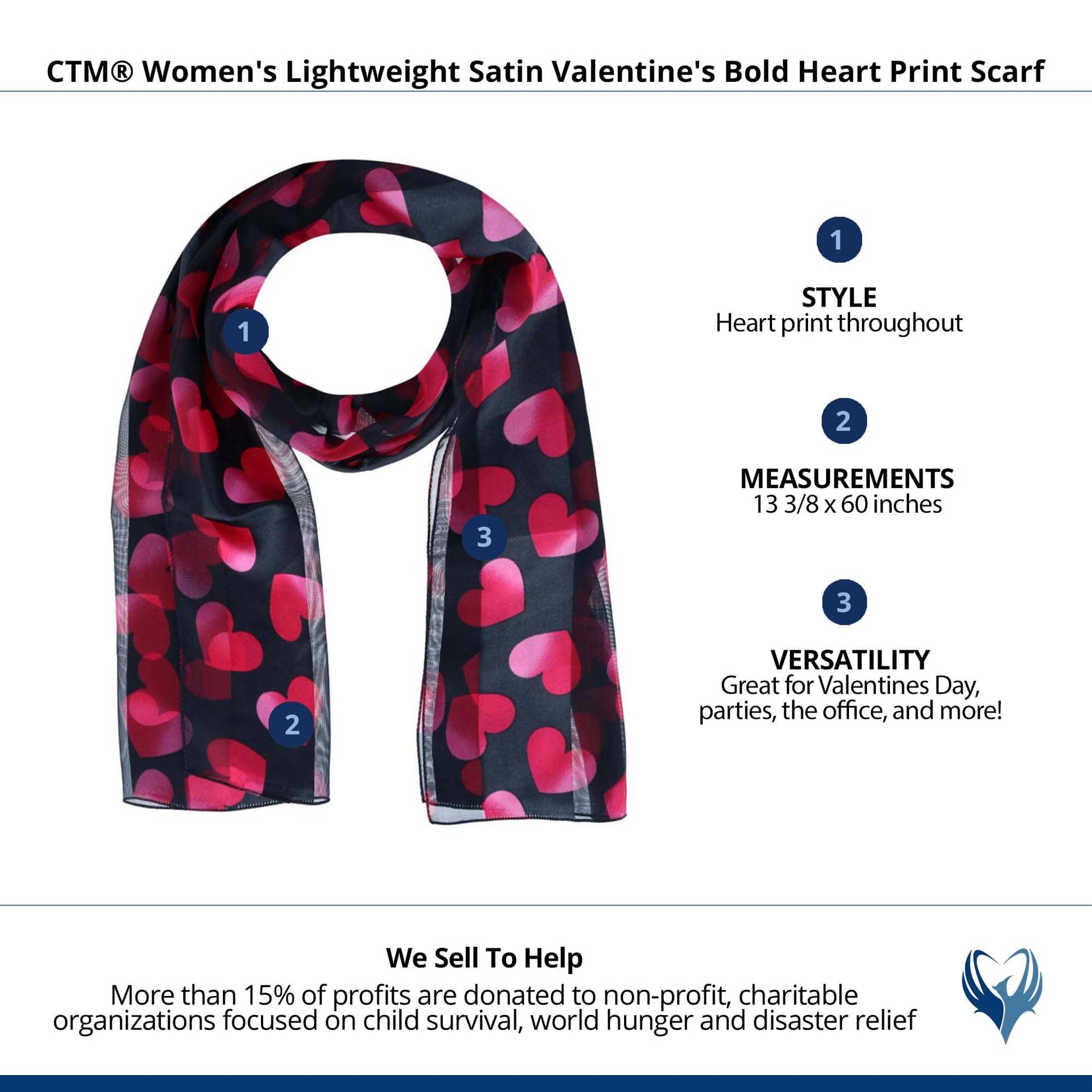CTM® Women's Lightweight Satin Valentine's Bold Heart Print Scarf - Black
