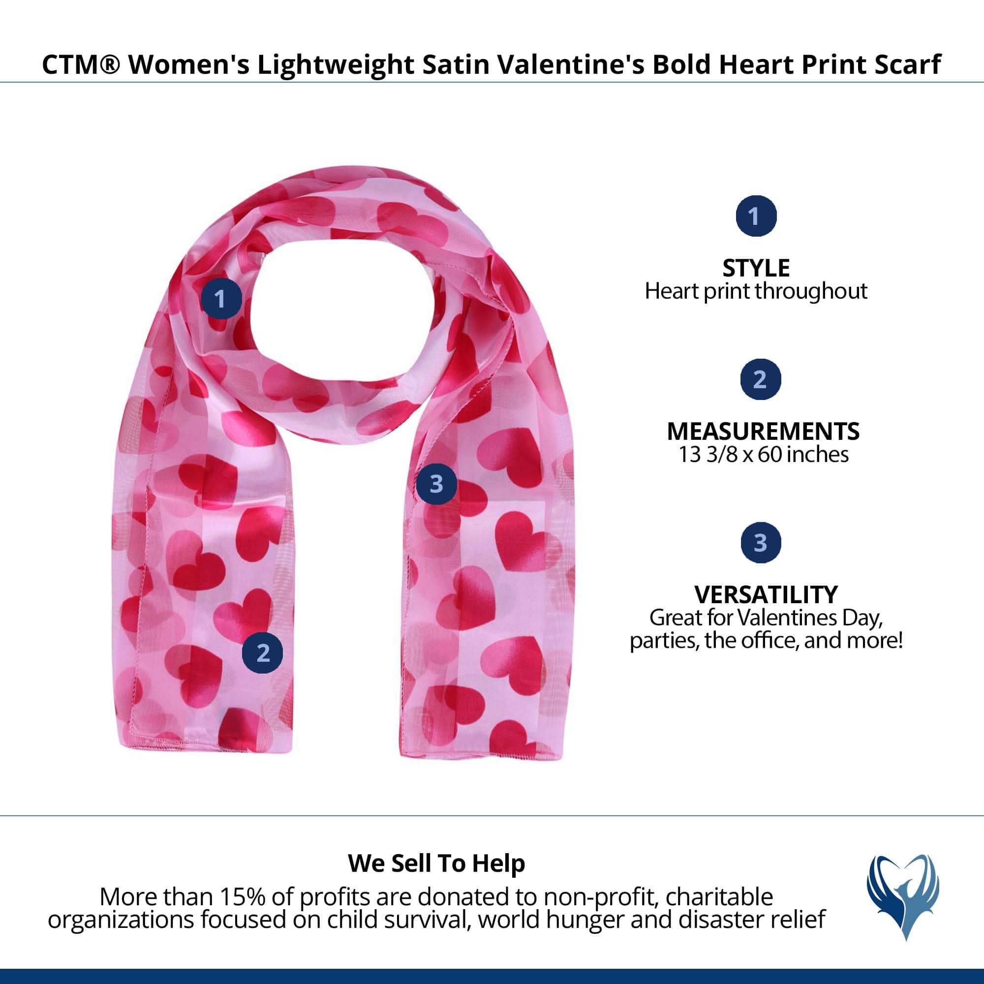 CTM® Women's Lightweight Satin Valentine's Bold Heart Print Scarf - Pink