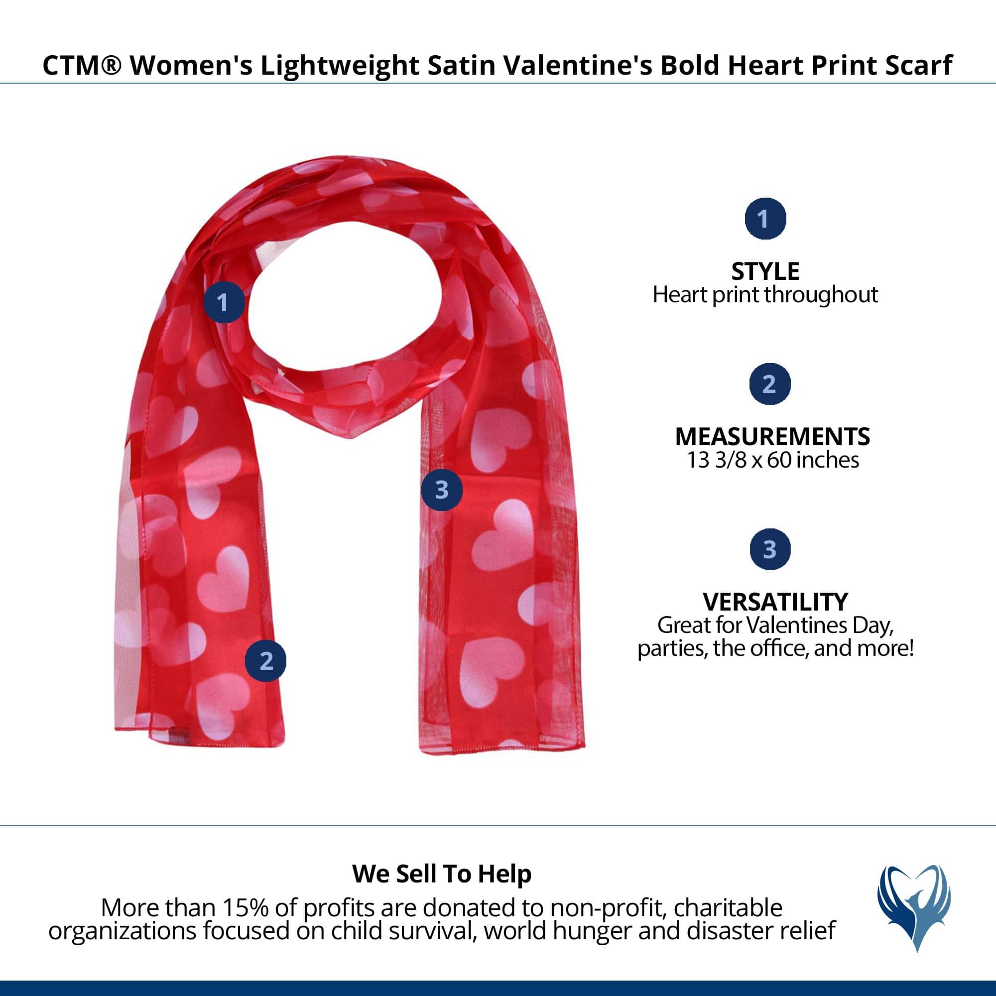 CTM® Women's Lightweight Satin Valentine's Bold Heart Print Scarf - Red