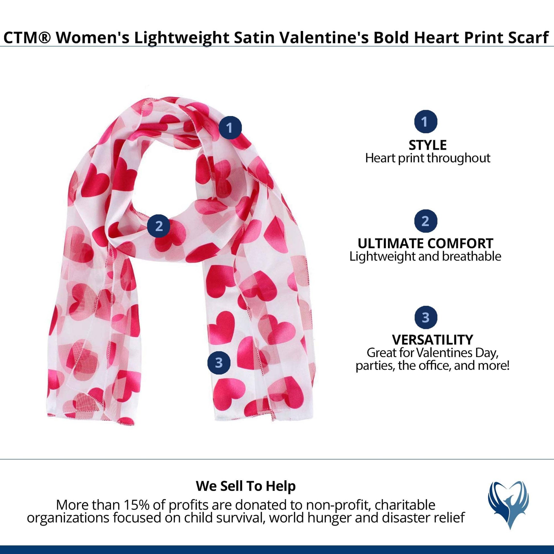 CTM® Women's Lightweight Satin Valentine's Bold Heart Print Scarf - White