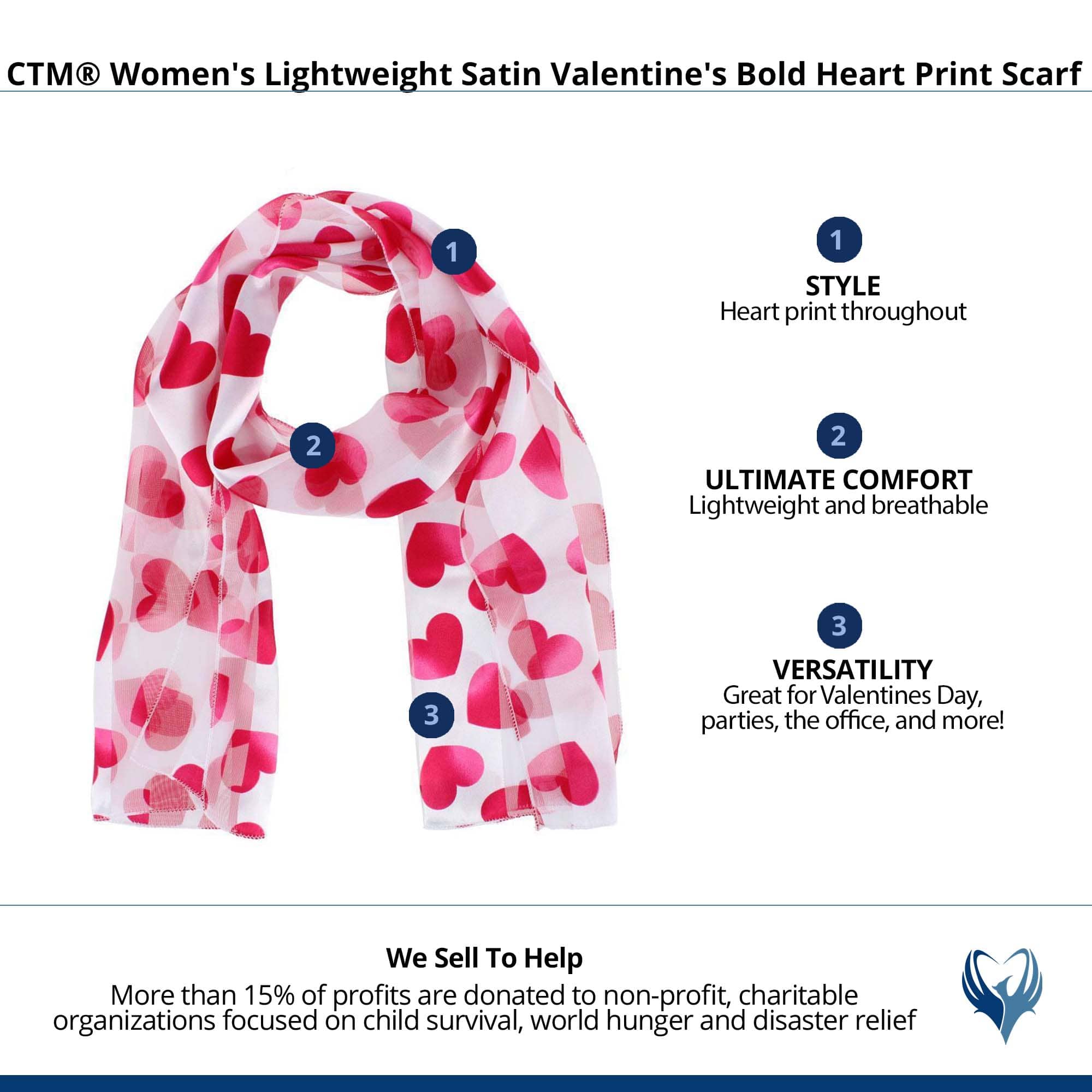 CTM® Women's Lightweight Satin Valentine's Bold Heart Print Scarf - White