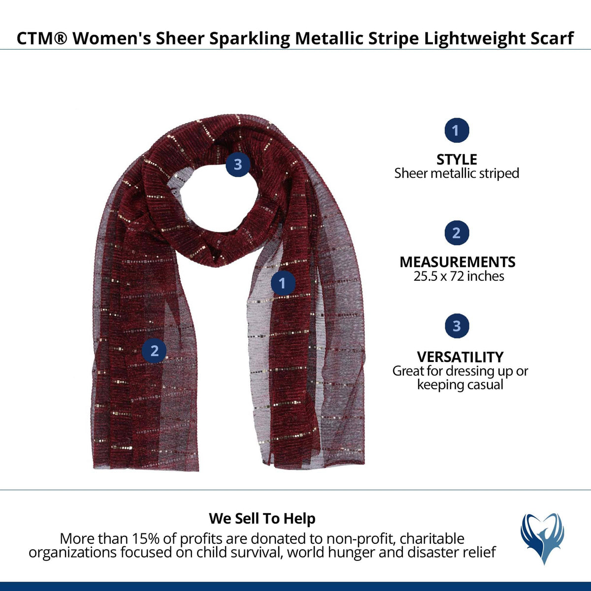 CTM® Women's Sheer Sparkling Metallic Stripe Lightweight Scarf - Burgundy
