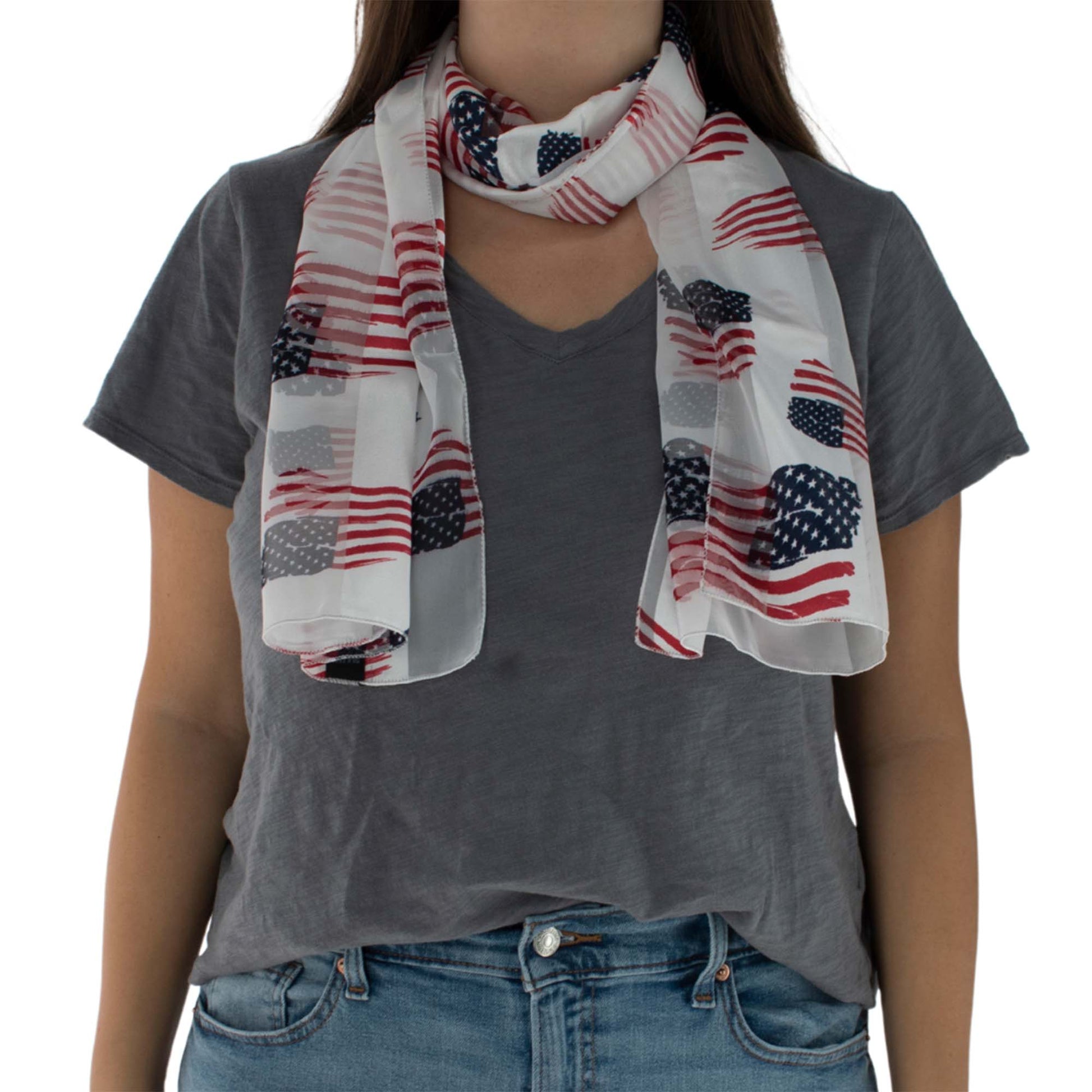 CTM® Women's American Flag Print Lightweight Scarf - White
