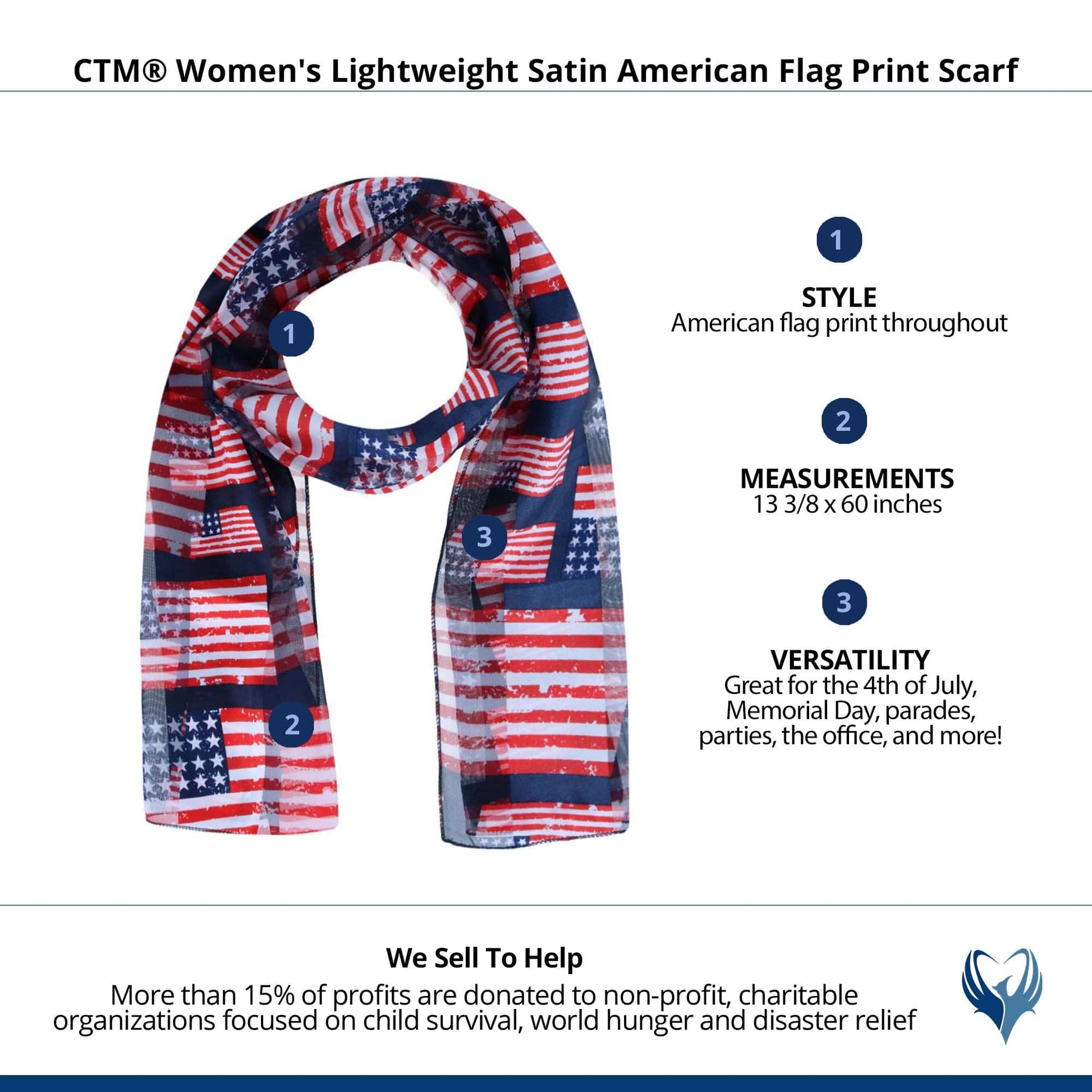 CTM® Women's Lightweight Satin American Flag Print Scarf - Navy