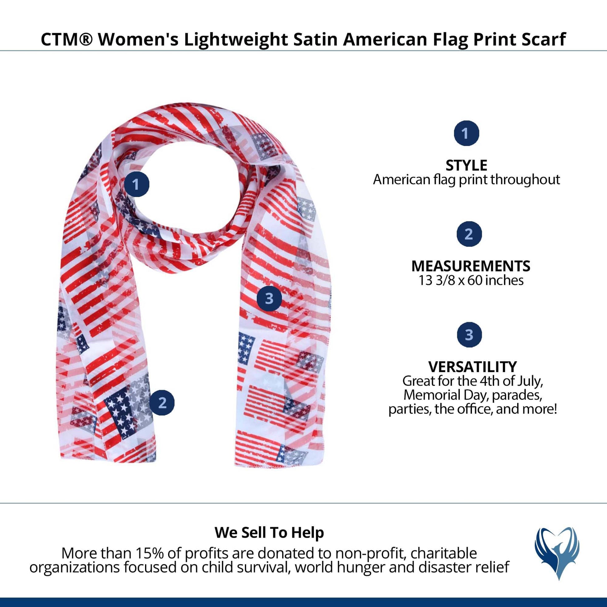 CTM® Women's Lightweight Satin American Flag Print Scarf - White