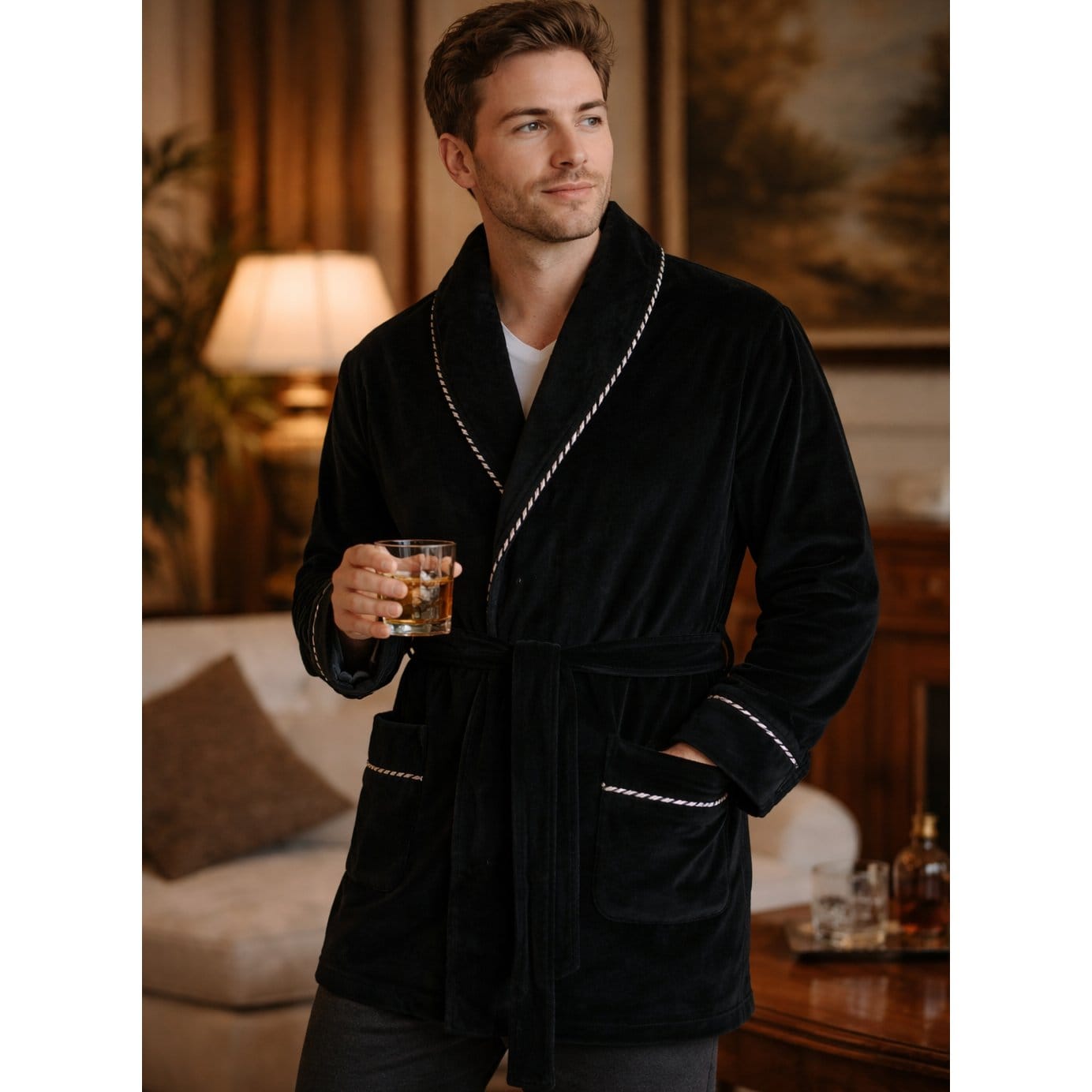 Ascentix Men's Velour Smoking Jacket with Satin Lining - Black