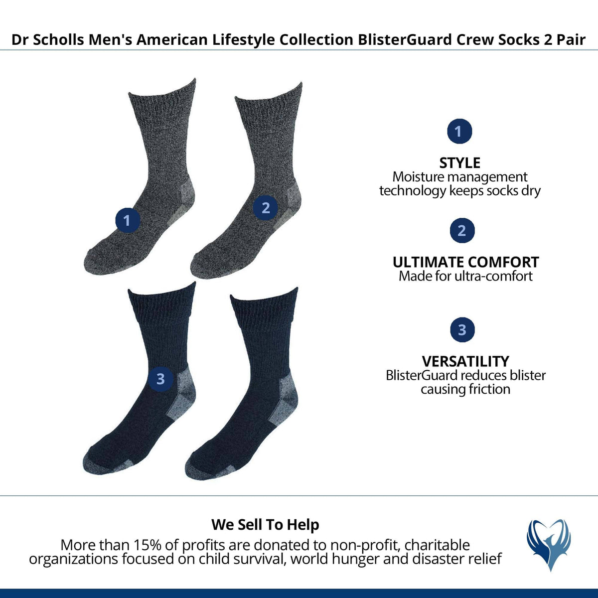 Dr Scholls Men's American Lifestyle BlisterGuard Crew Socks 2 Pair - Navy