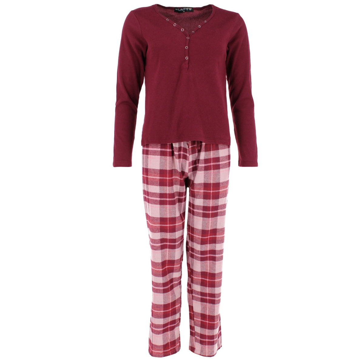 CTM® Ladies 2 Piece Thermal Henley Plaid Long Pajama Set by un-bearably cute - Burgundy