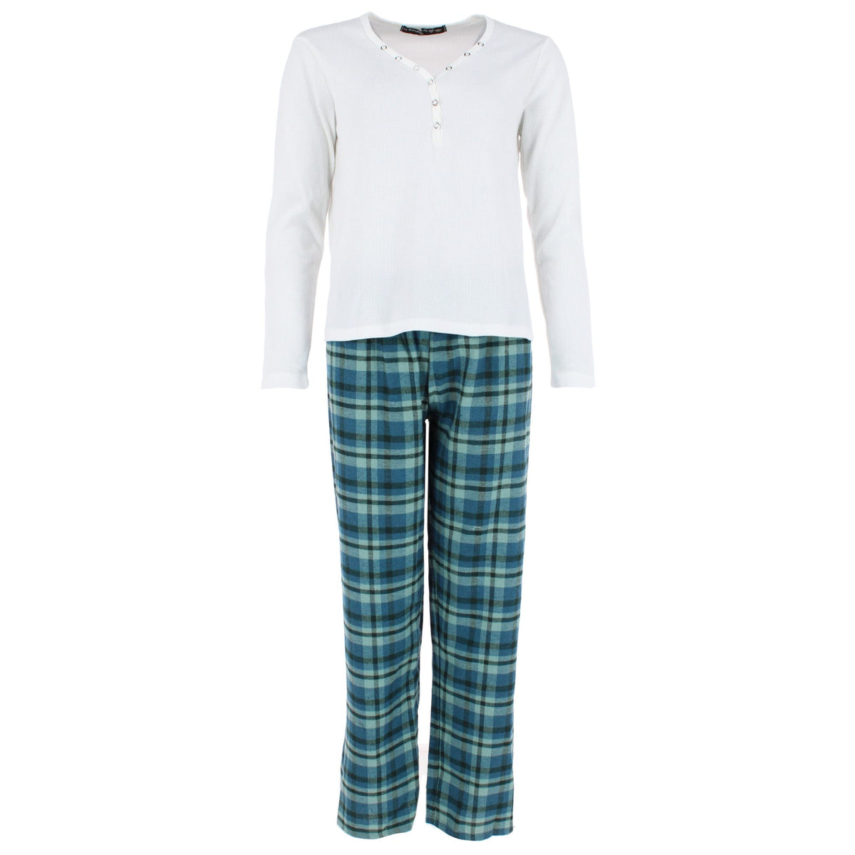 CTM® Ladies 2 Piece Thermal Henley Plaid Long Pajama Set by un-bearably cute - White/Teal