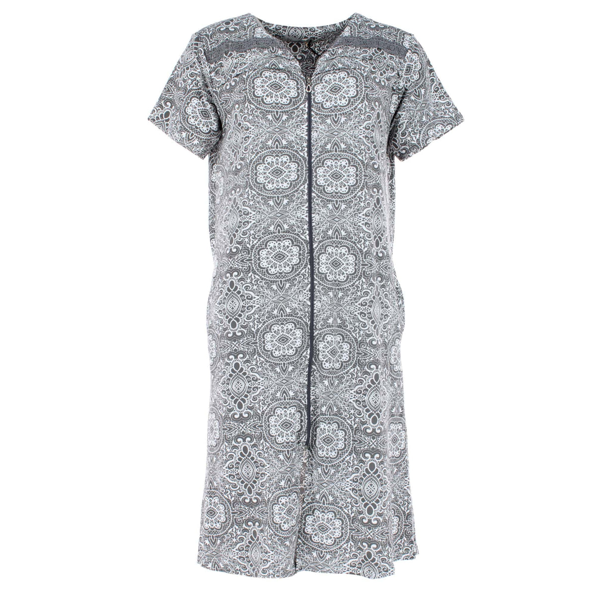 Joan Vass Women's Plus Size Damask Zip-Up Duster Gown - Grey