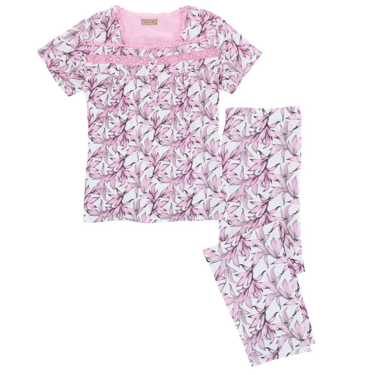 CTM® Women's Plus Size Smocked Lace Floral Pajama Set by Liz & Lilly - Pink