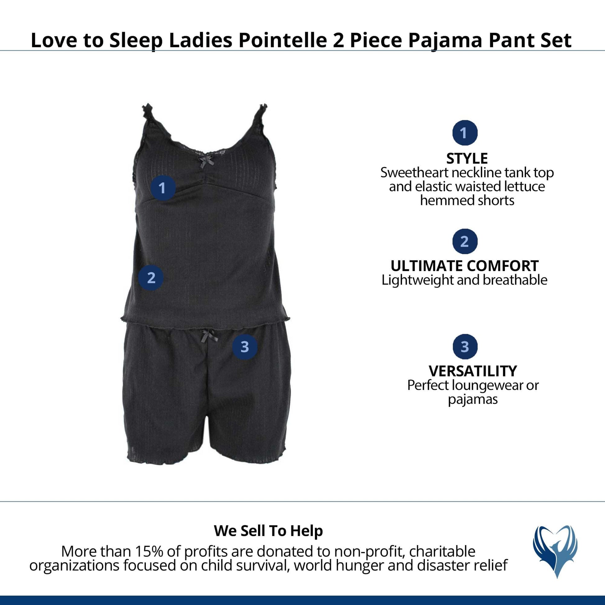Love to Sleep Ladies Pointelle 2 Piece Pajama Short Set - Black