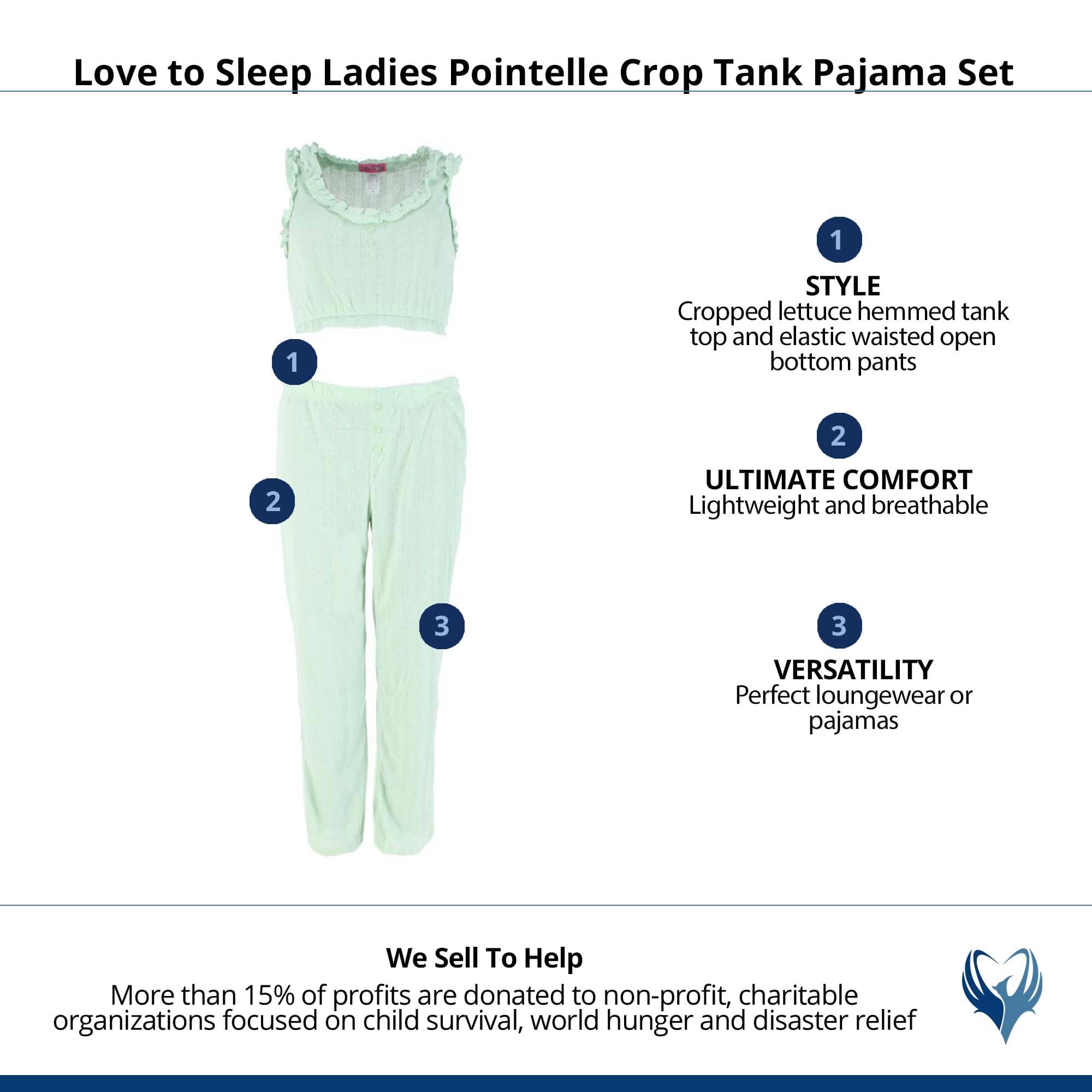 Love to Sleep Ladies Pointelle Crop Tank Pajama Set - Aqua