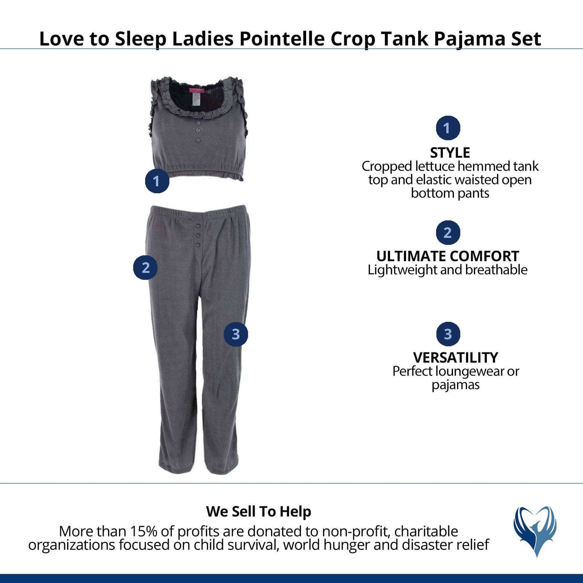 Love to Sleep Ladies Pointelle Crop Tank Pajama Set - Heather Grey
