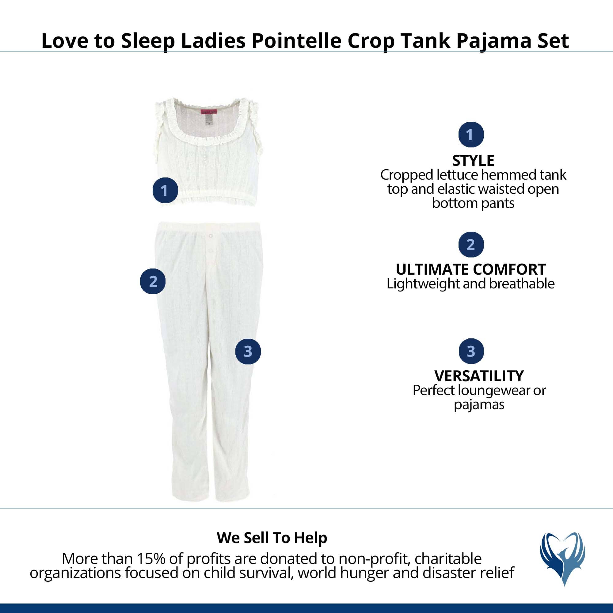 Love to Sleep Ladies Pointelle Crop Tank Pajama Set - White