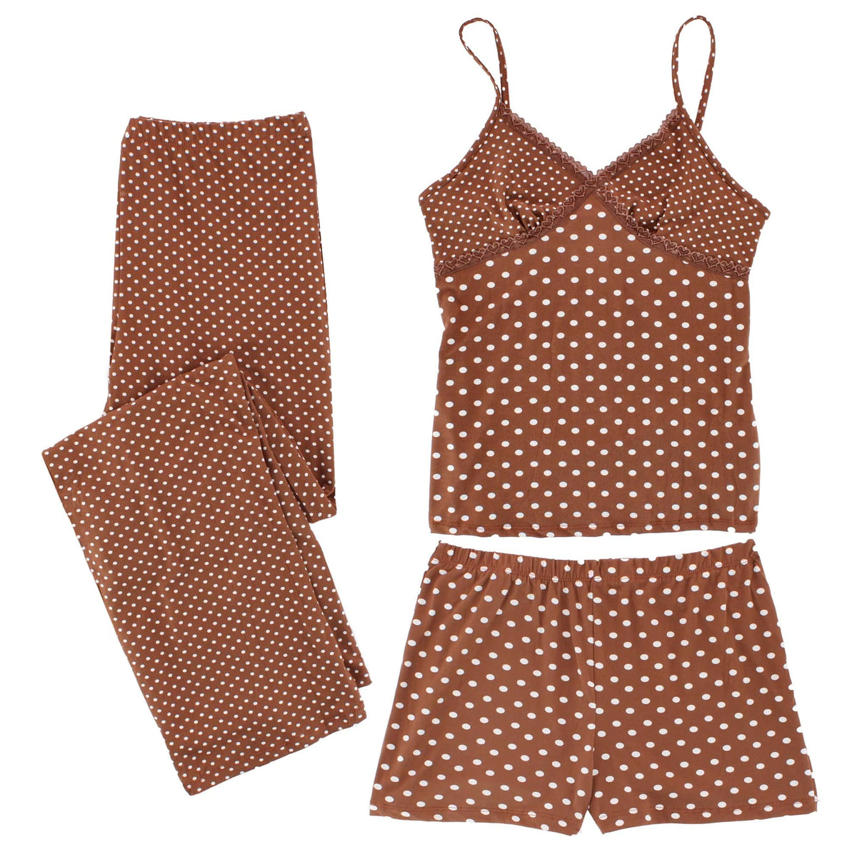 CTM® Women's 3-piece Polka Dot Pajama Set by Love to Sleep - Brown