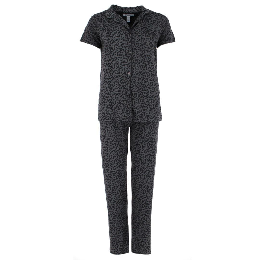 Joan Vass Women's Leopard Print Notched Collar Short Sleeve Pajama Set - Black